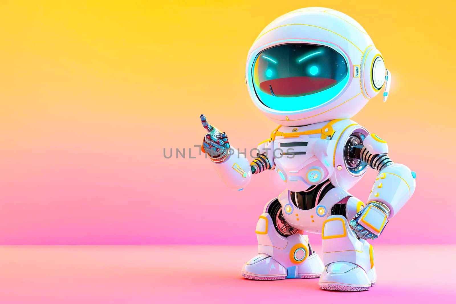 A positive robot is pointing at something on a pink and yellow background.