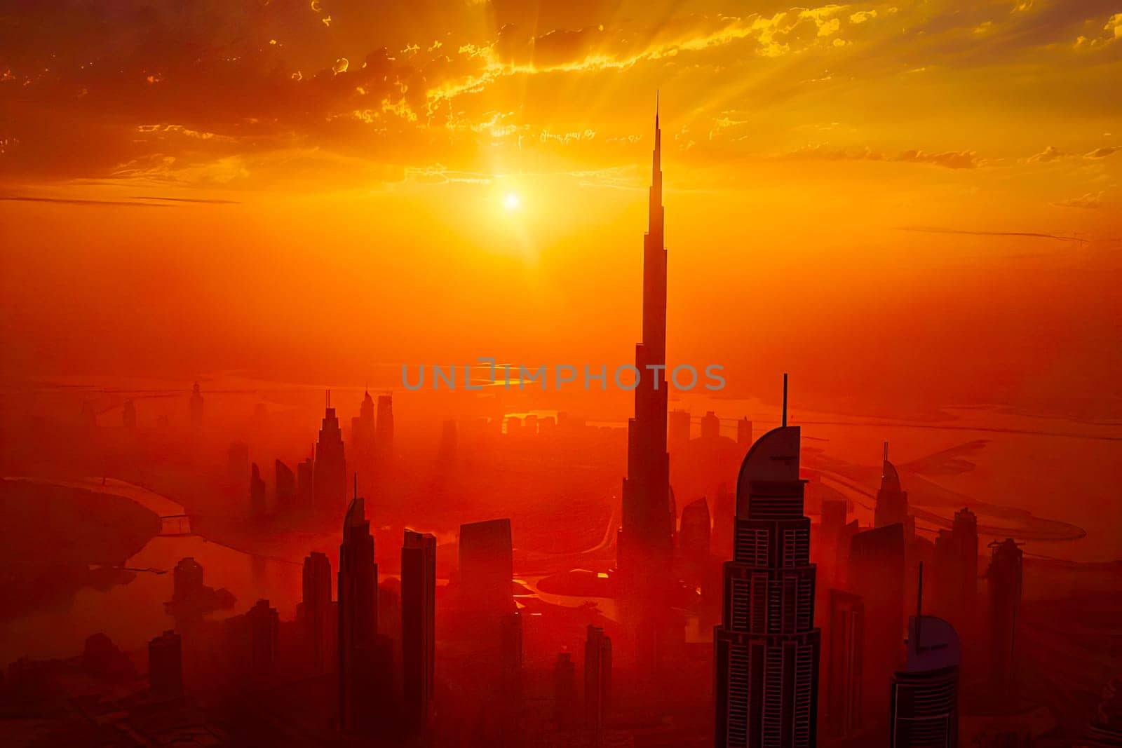 The sun is setting over a city with tall buildings, casting a warm glow on the urban landscape.