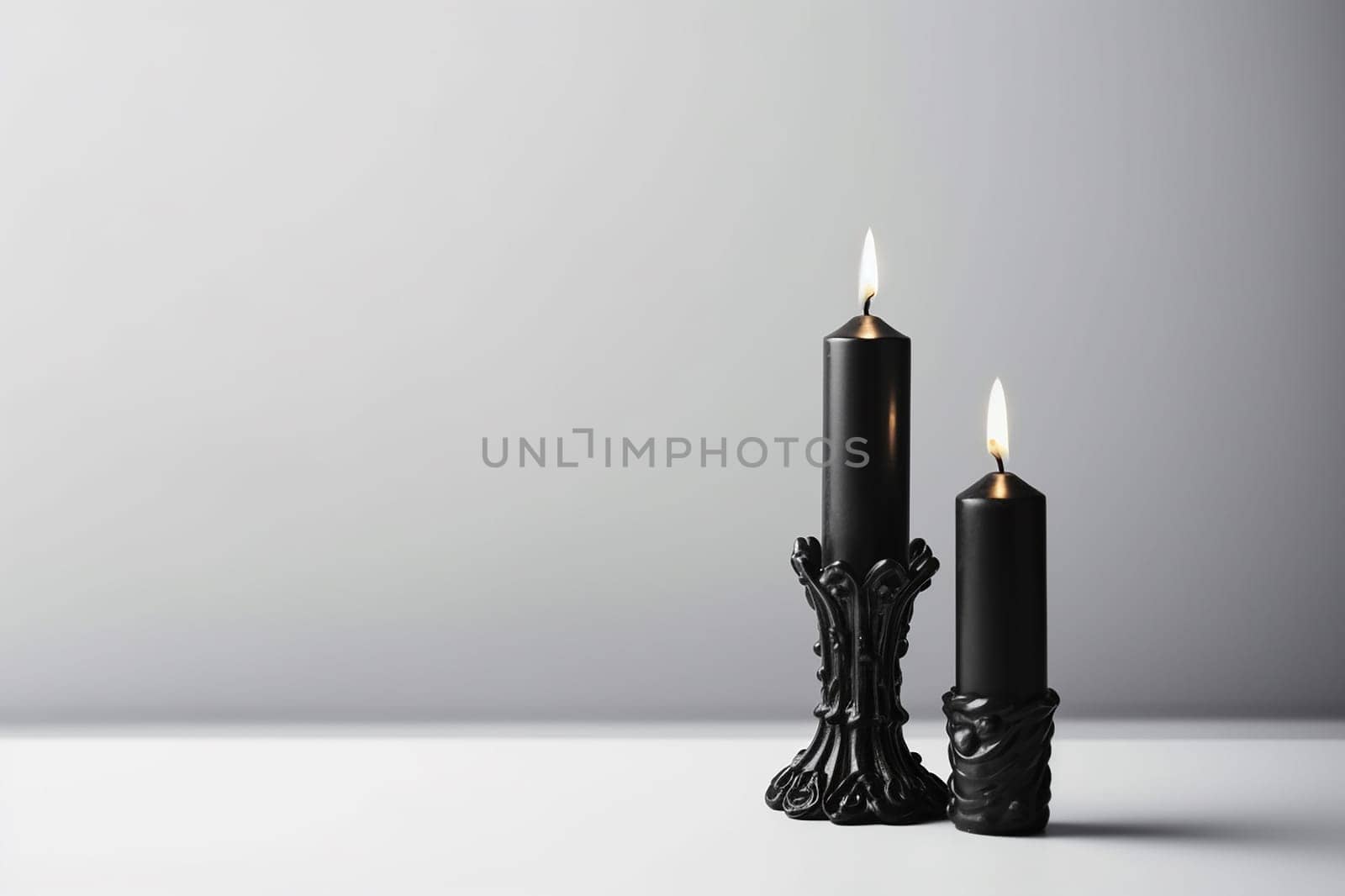 Two lit black gothic candles in ornate holders against a gray backdrop. by Hype2art