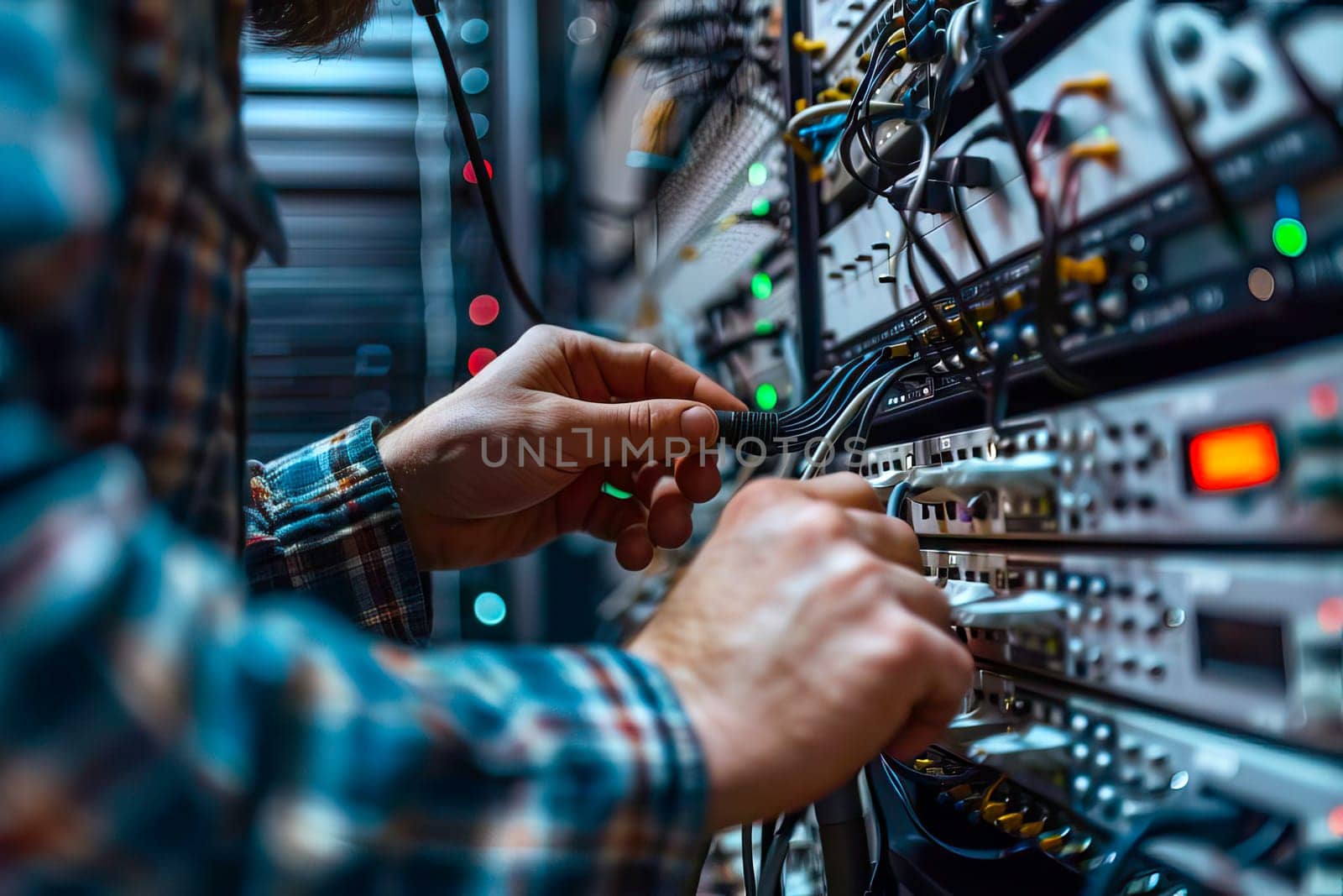 A professional IT specialist is seen working on a server in a server room.