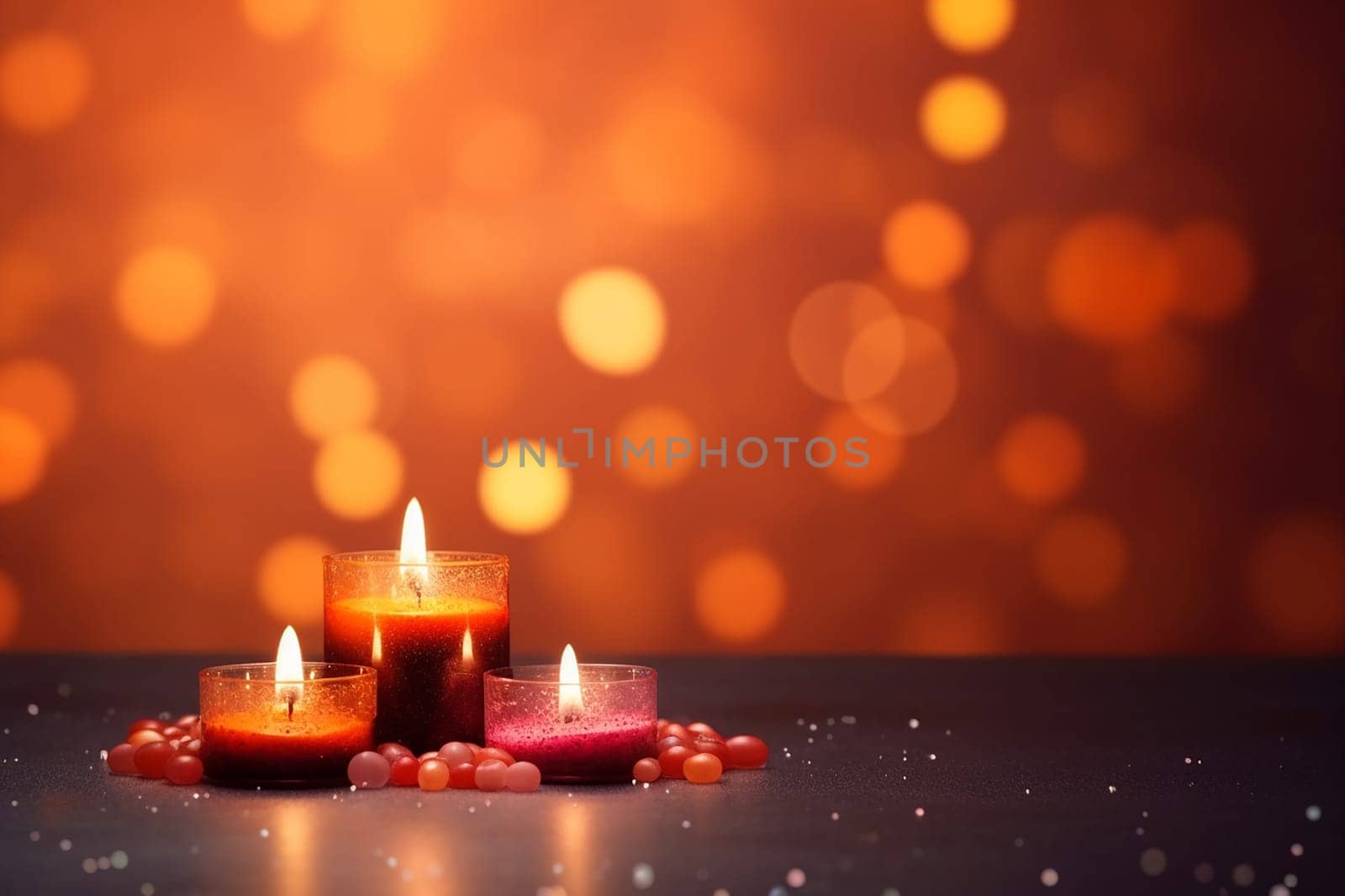 Three lit candles with a warm glow amidst bokeh lights and red beads on dark surface.