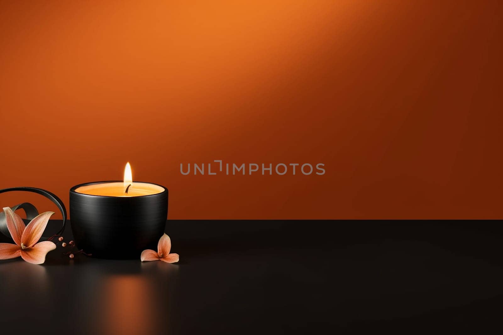 Candle with flame on dark table against orange backdrop, accompanied by flowers and seeds.