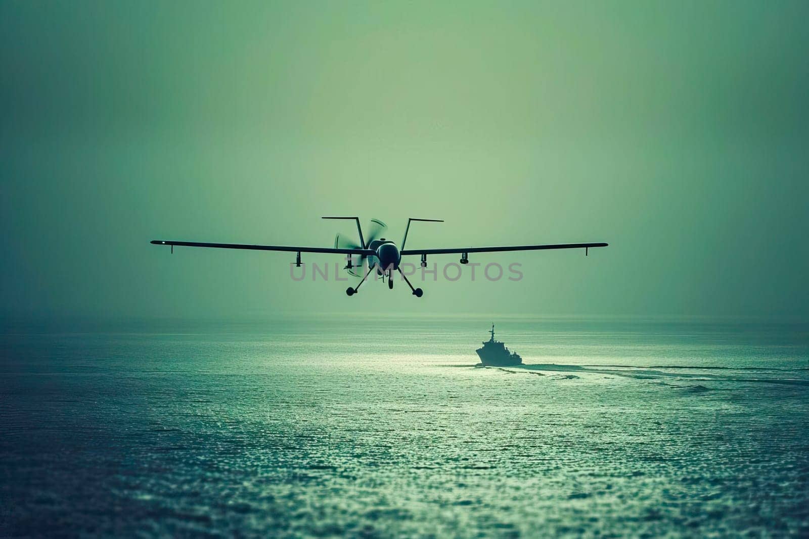 Military unmanned aerial vehicle, flies over a boat sailing in the ocean