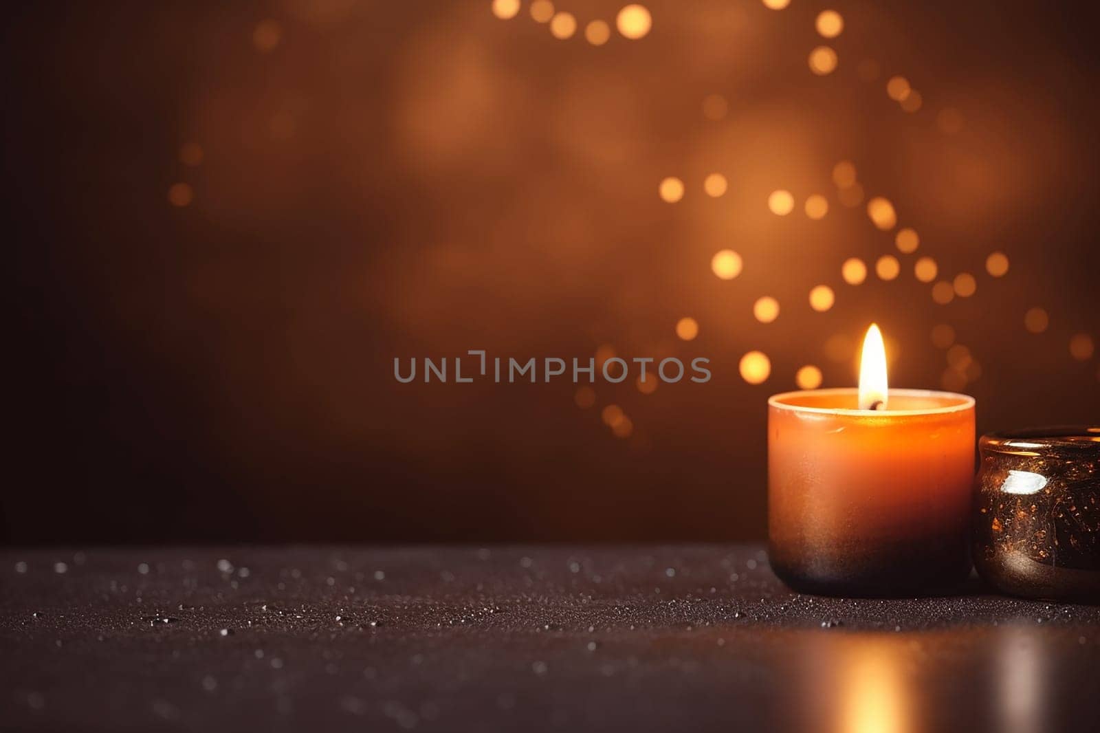 A lit candle with a warm glow on a glittering surface and bokeh background.