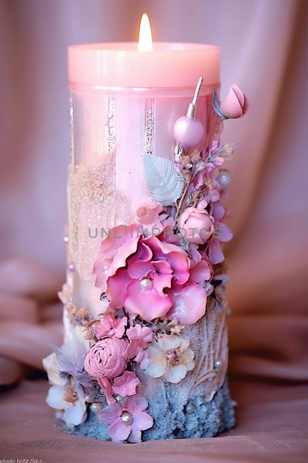 Decorative candle with pink flowers, beads, and rustic wood base.