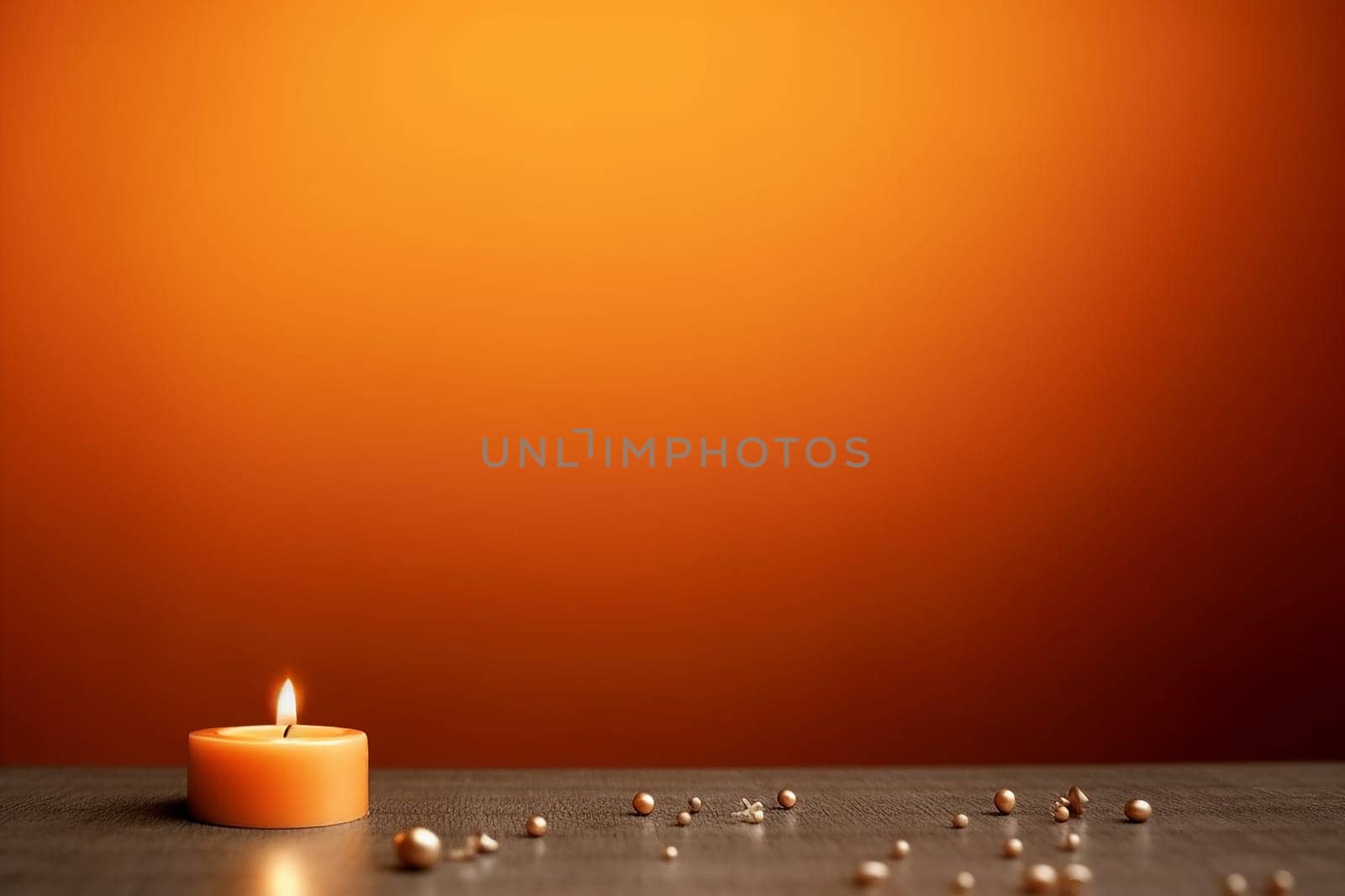 Single lit candle with small beads on a wooden surface against an orange backdrop.