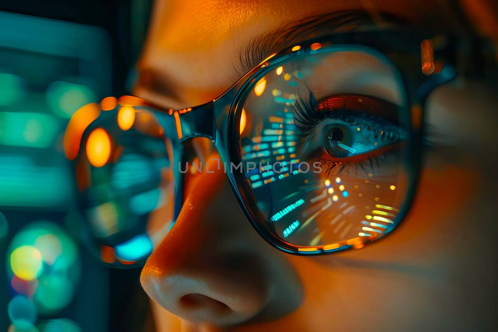 A detailed view of a persons eyes and glasses with a computer monitor reflecting in the lenses.