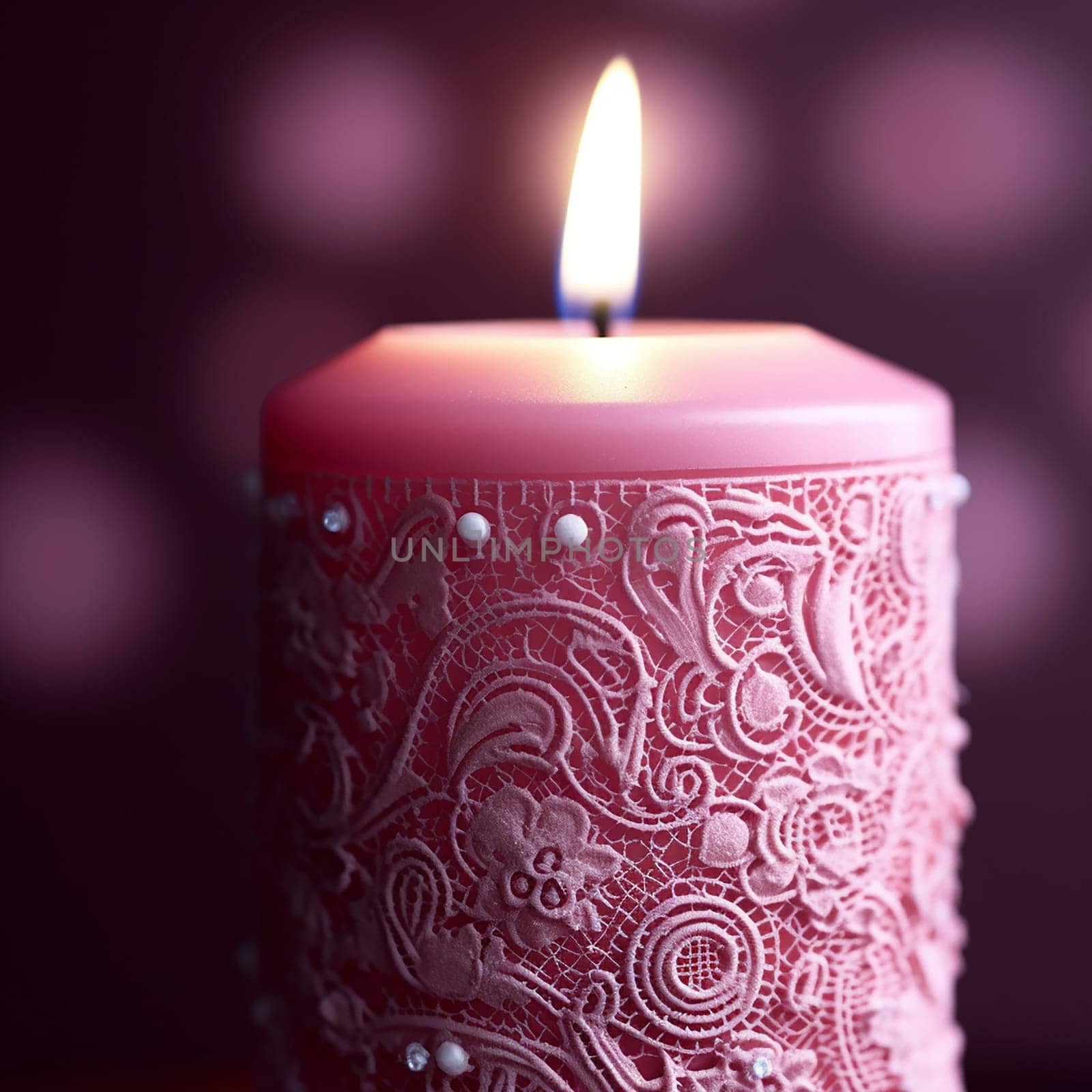 A lit red candle with decorative patterns and beads. by Hype2art