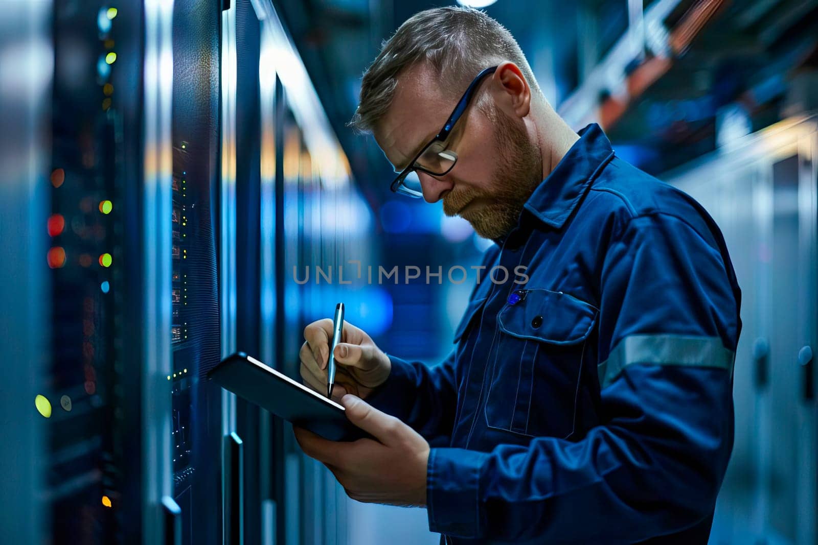 A man is writing on a clipboard in a server room. by vladimka