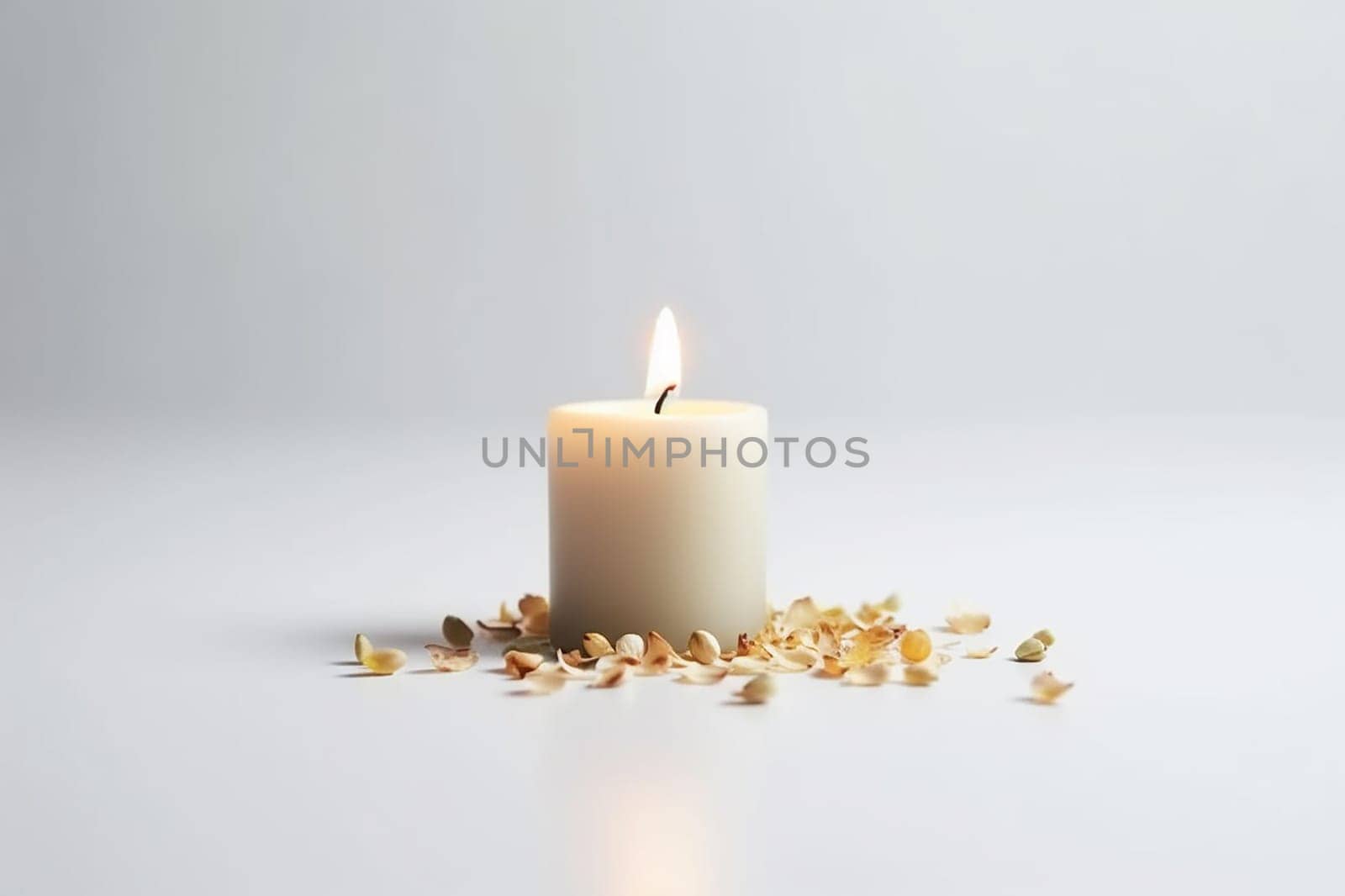 A lit candle surrounded by dried petals on a white background.