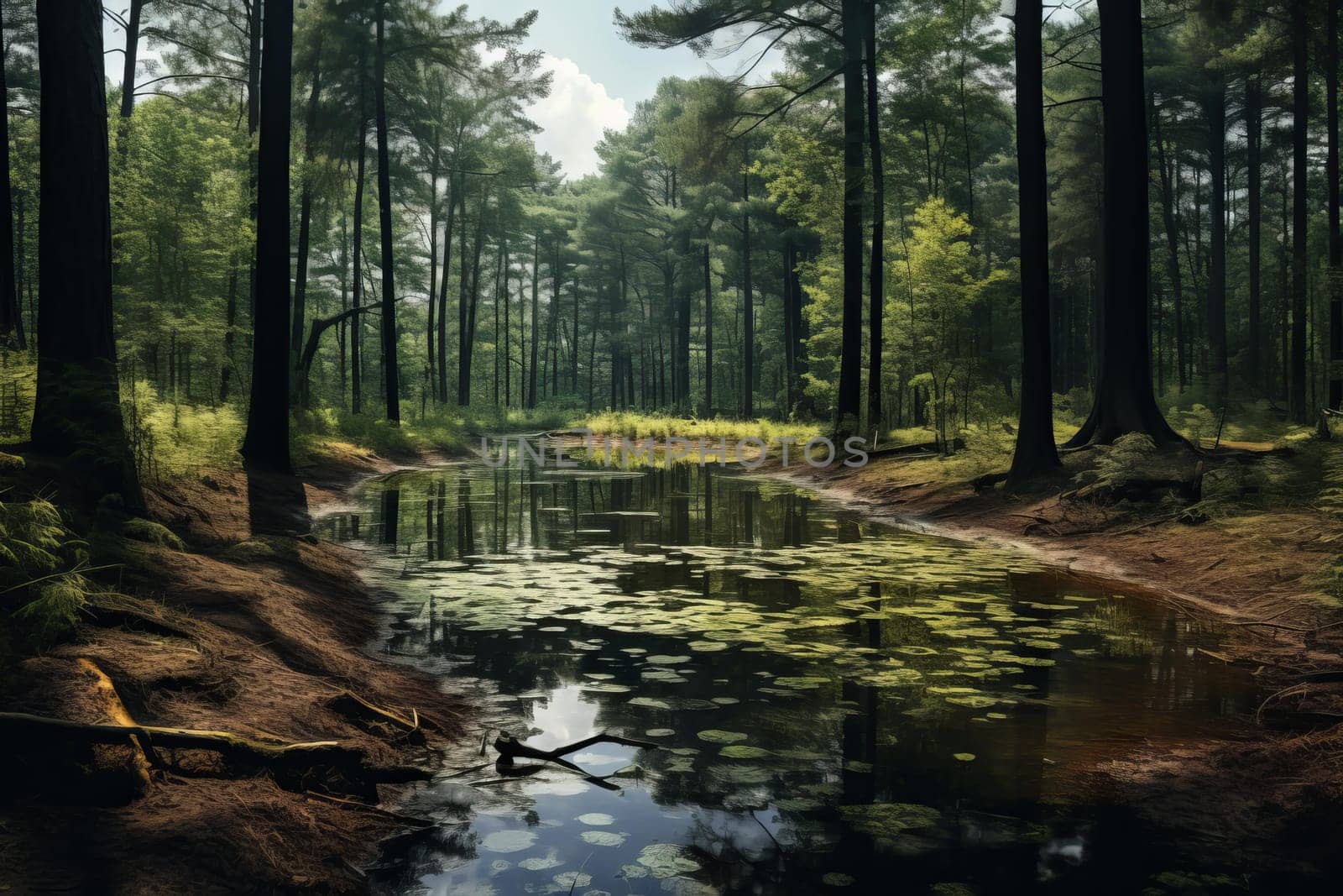 Reflective Pond calm forest water. Generate Ai by ylivdesign