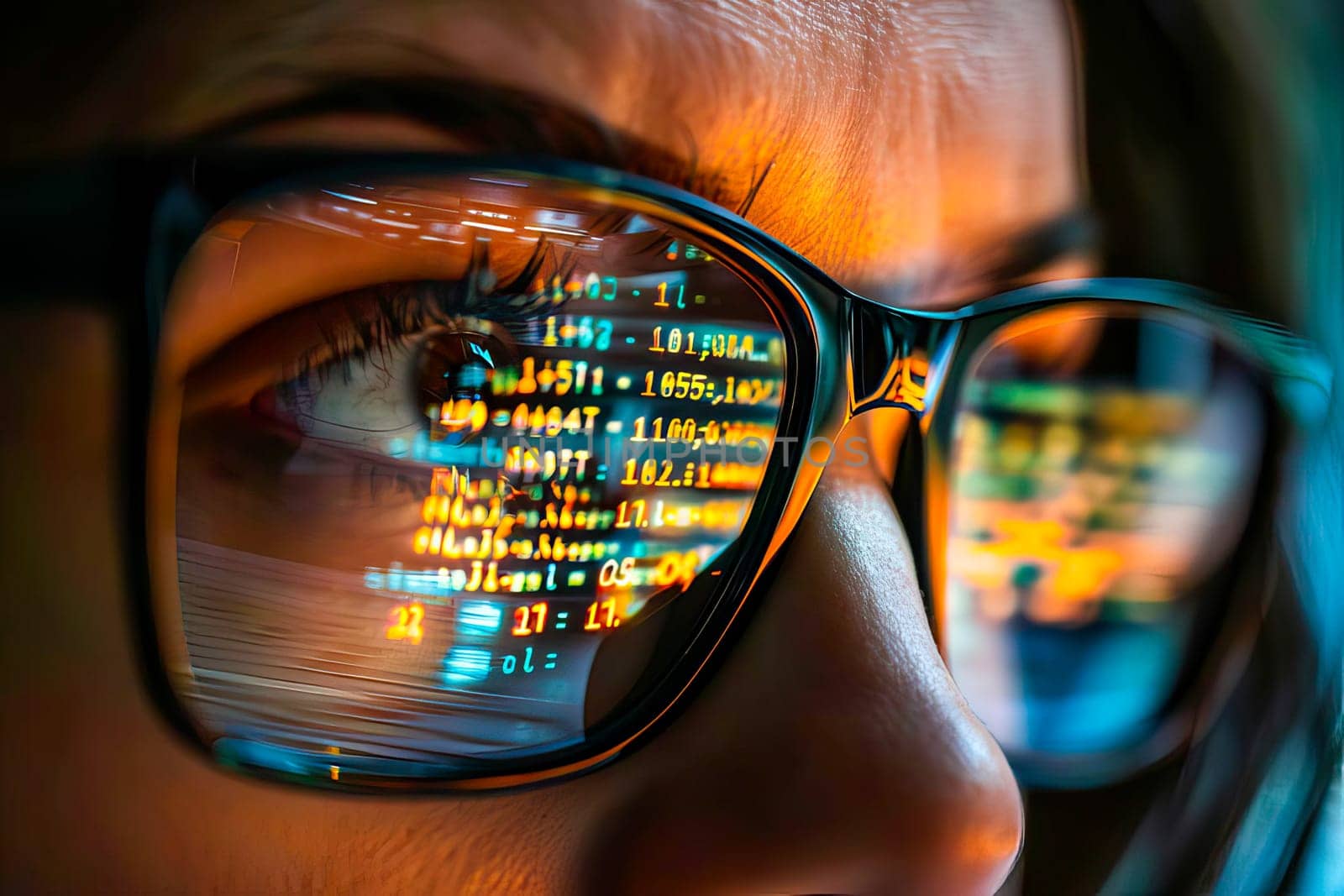 Detailed close up of a person wearing glasses with focus on eyes and reflection of computer monitor.