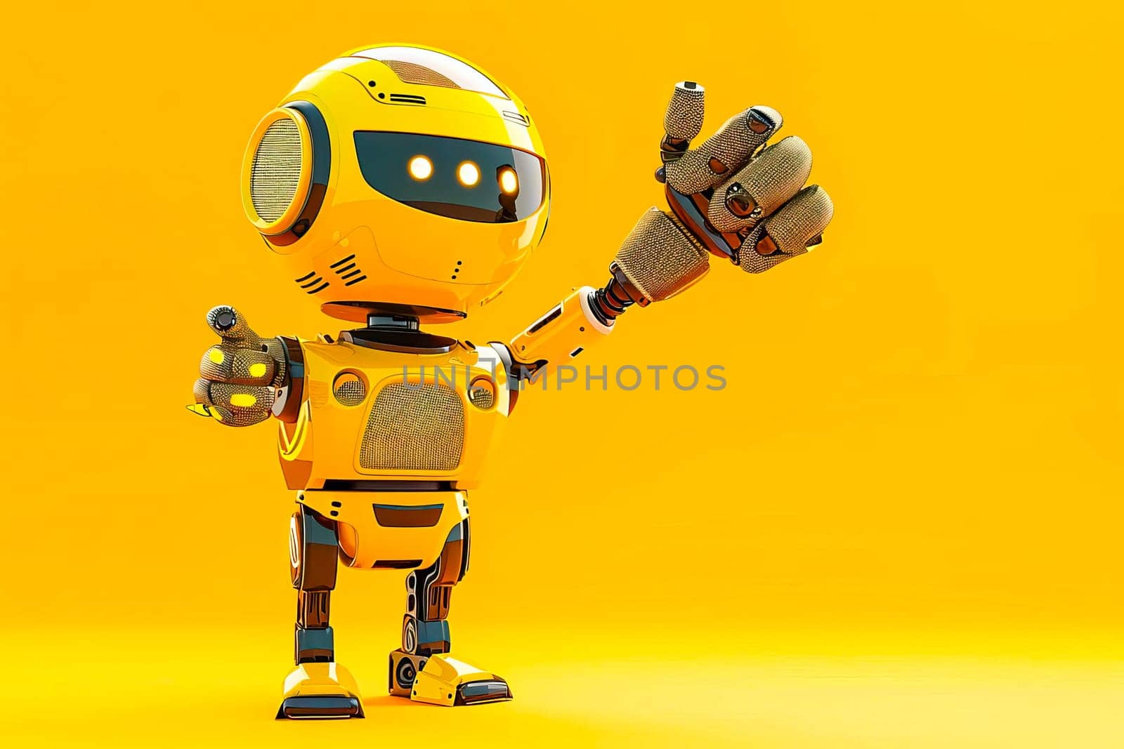 A cute robot with a yellow background enthusiastically giving a thumbs up gesture. by vladimka