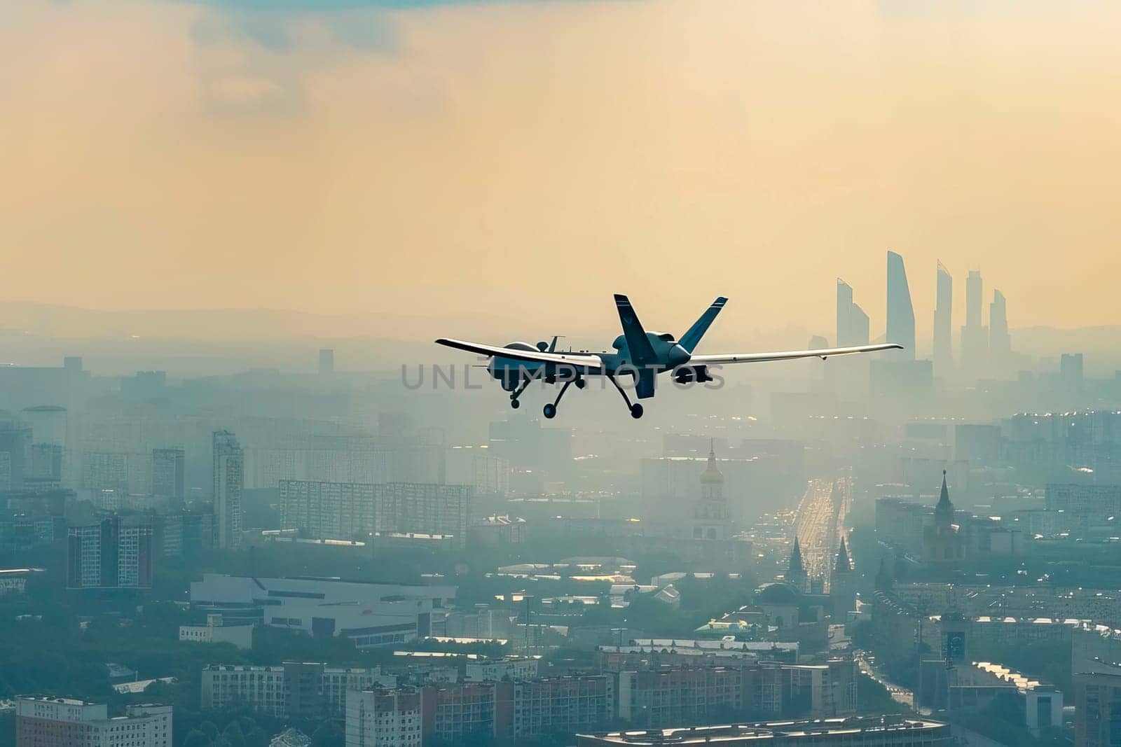 Military unmanned airplane in the air above a cityscape. by vladimka