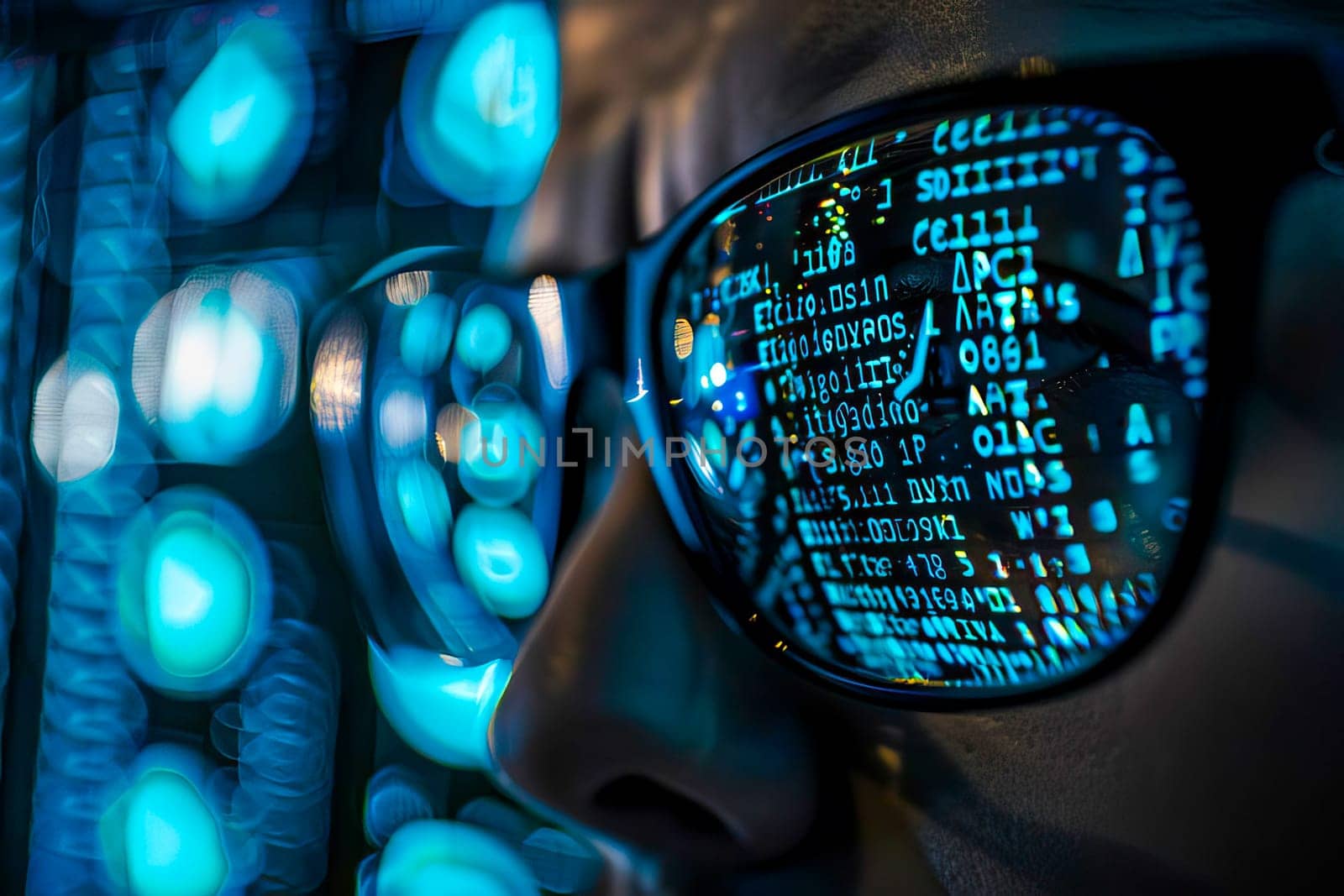 Detailed view of a persons eyes behind glasses, with a computer monitor in the background.