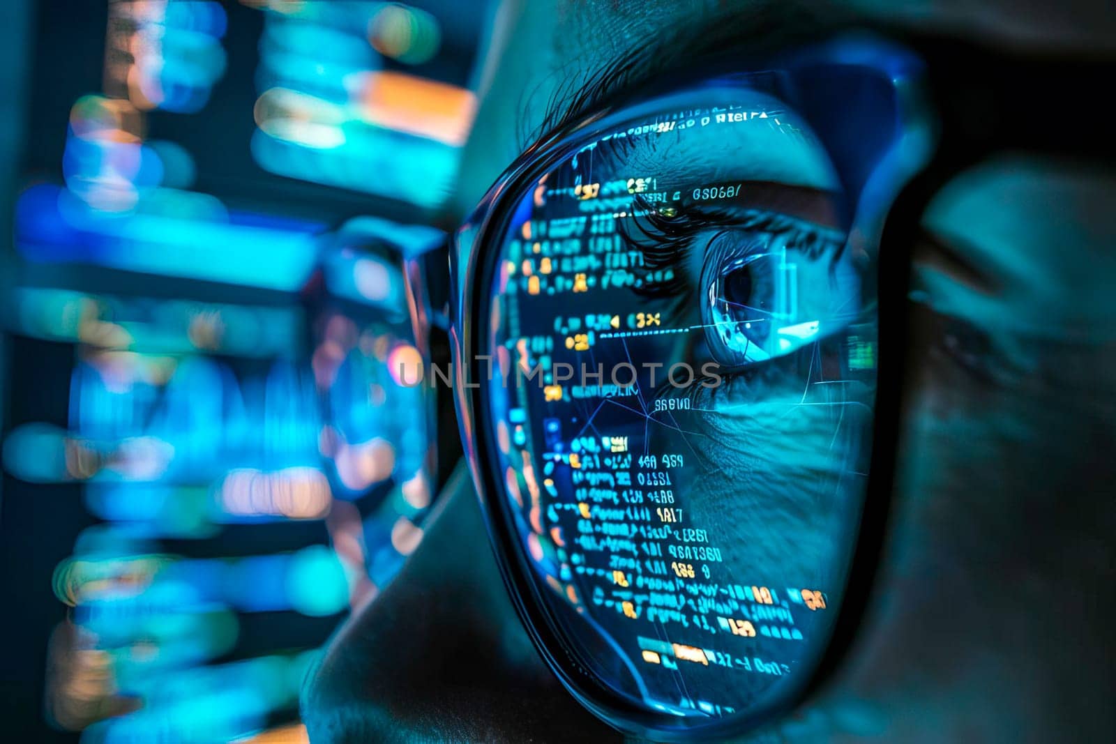 Detailed view of a human eye with glasses, in front of a computer monitor displaying digital information. by vladimka