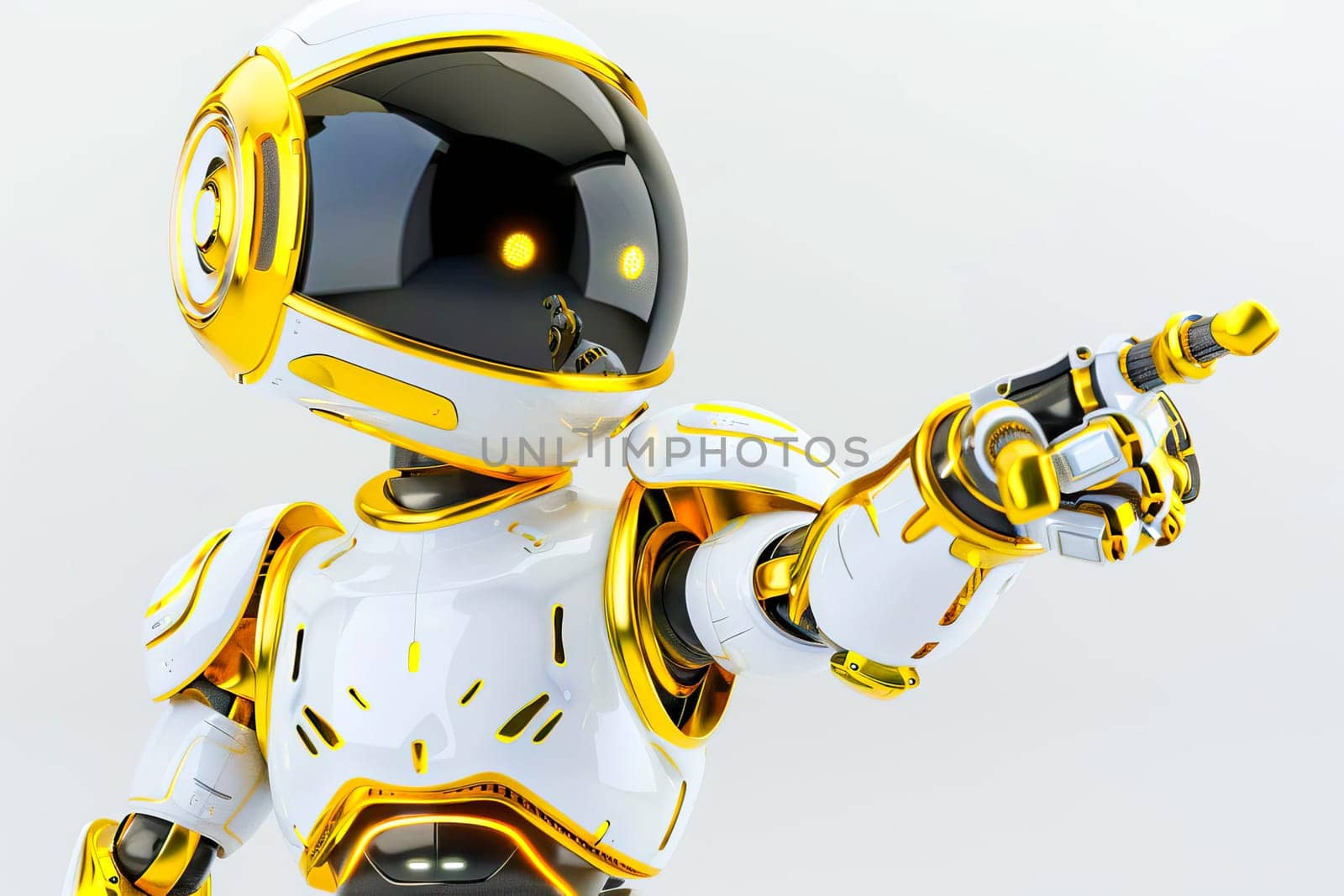 A white and gold robot is pointing at something