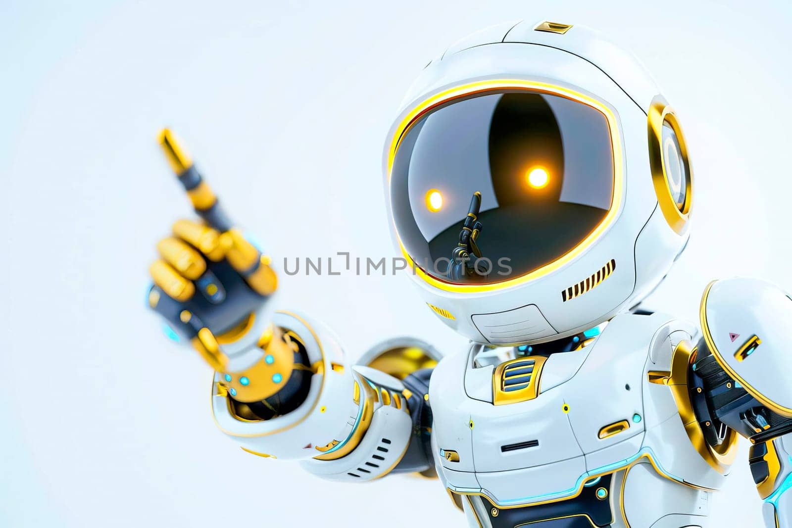 A white and gold robot is pointing at something