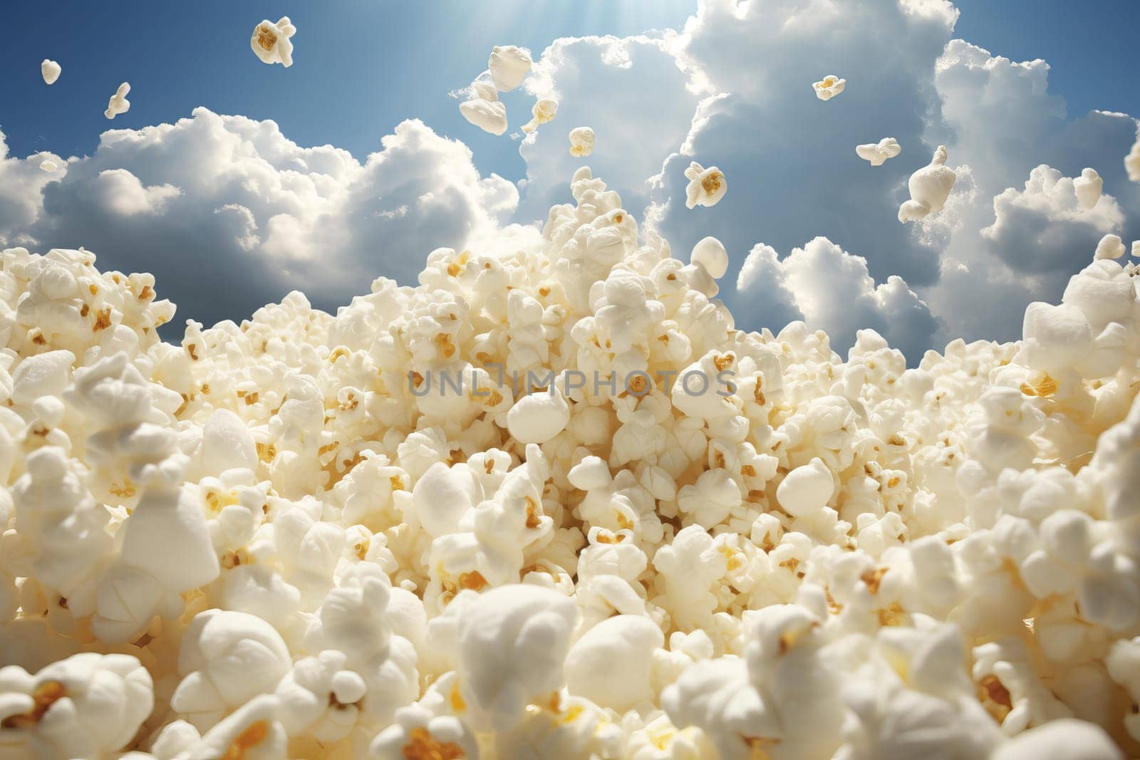 Fluffy Popcorn snack sky sunny. Generate Ai by ylivdesign