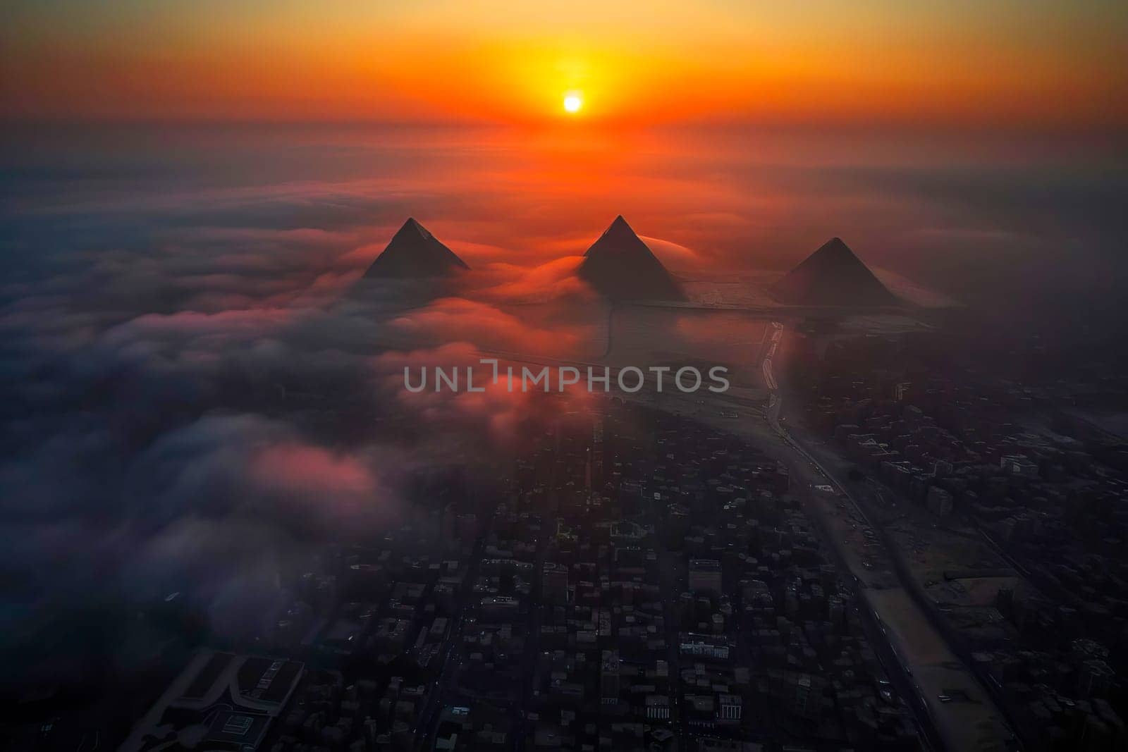Aerial view of sunset over mountains with clouds in the foreground.