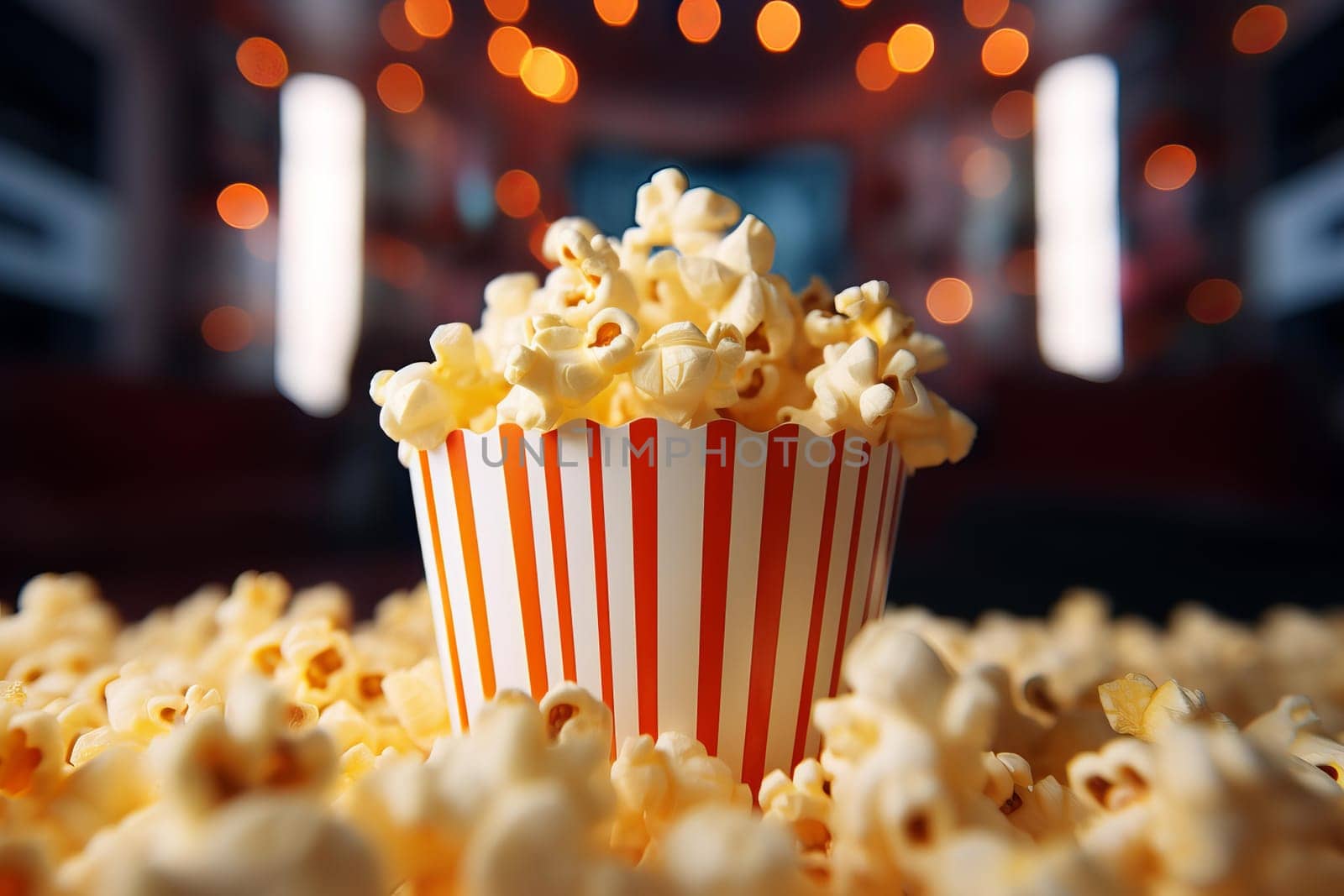 Salty Popcorn movie snack. Bucket pop corn. Generate Ai