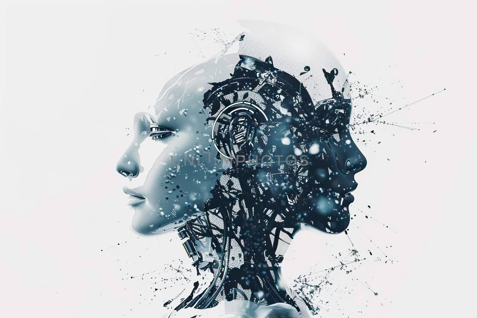 Futuristic design integrated with a womans head, showcasing robotics and AI artificial intelligence connection.