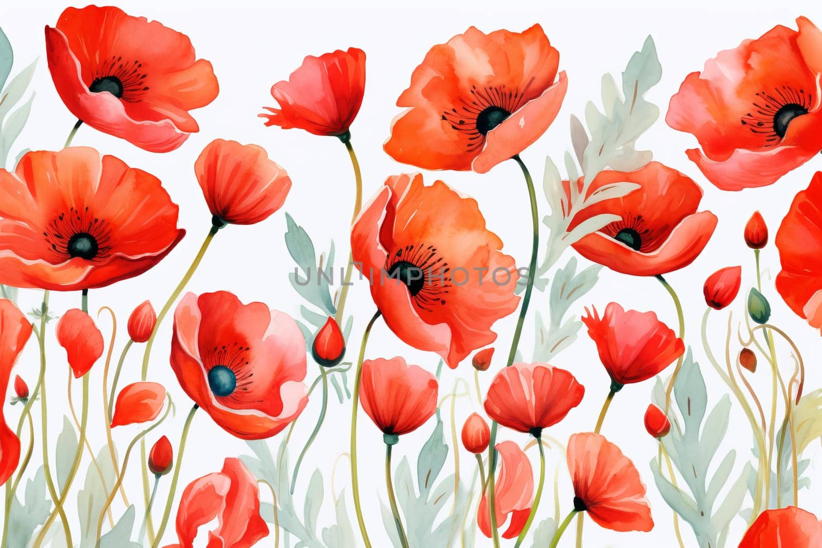 Expressive Watercolor poppies illustration. Summer art nature. Generate Ai