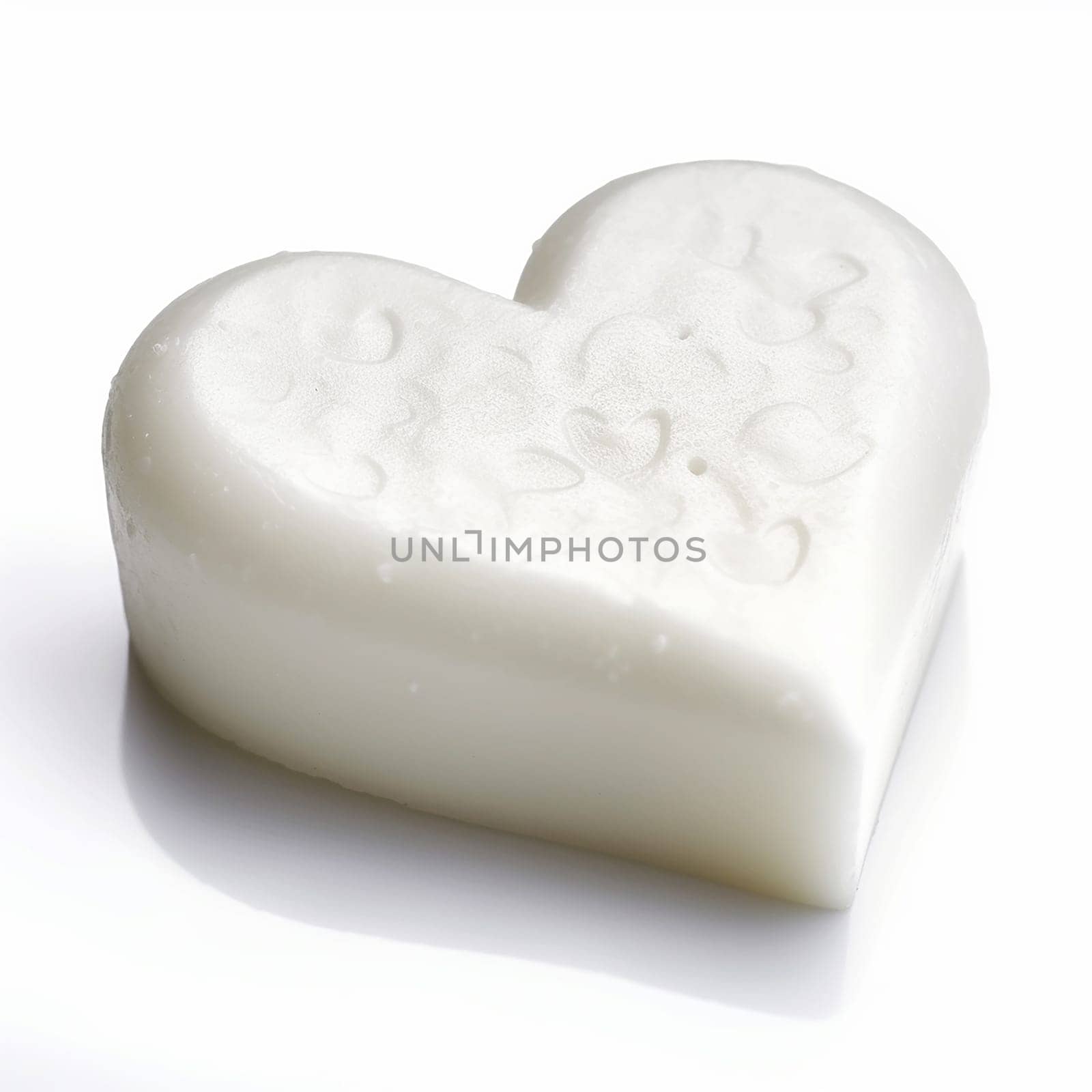 White heart-shaped soap with ornate details on white background.
