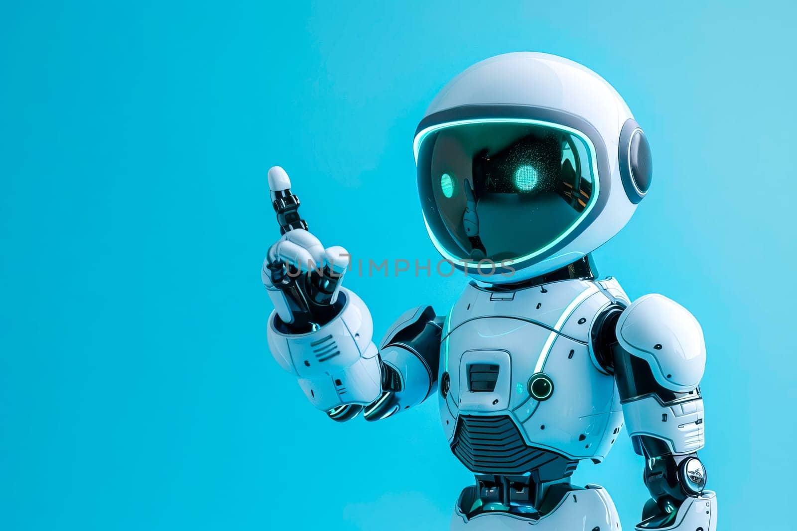 A white robot holding a cell phone in its hand, pointing at the screen with its finger.