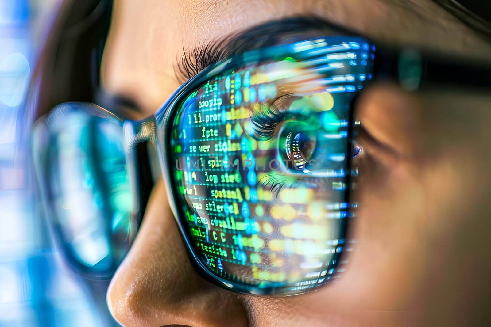 Detailed view of a persons face with glasses and focused eyes into a computer monitor.