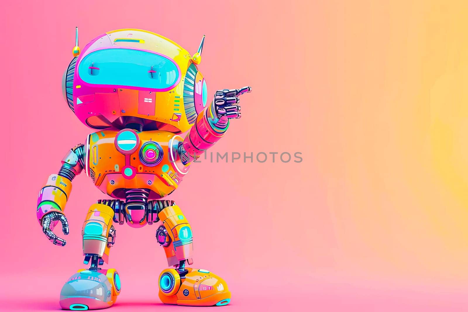 A colorful robot pointing at a space.