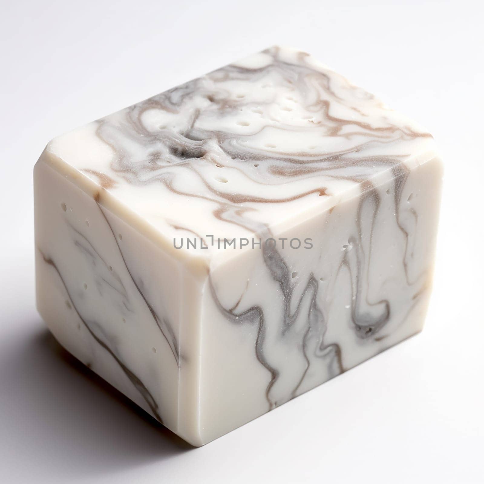 A piece of soap with a white and gray marble design.