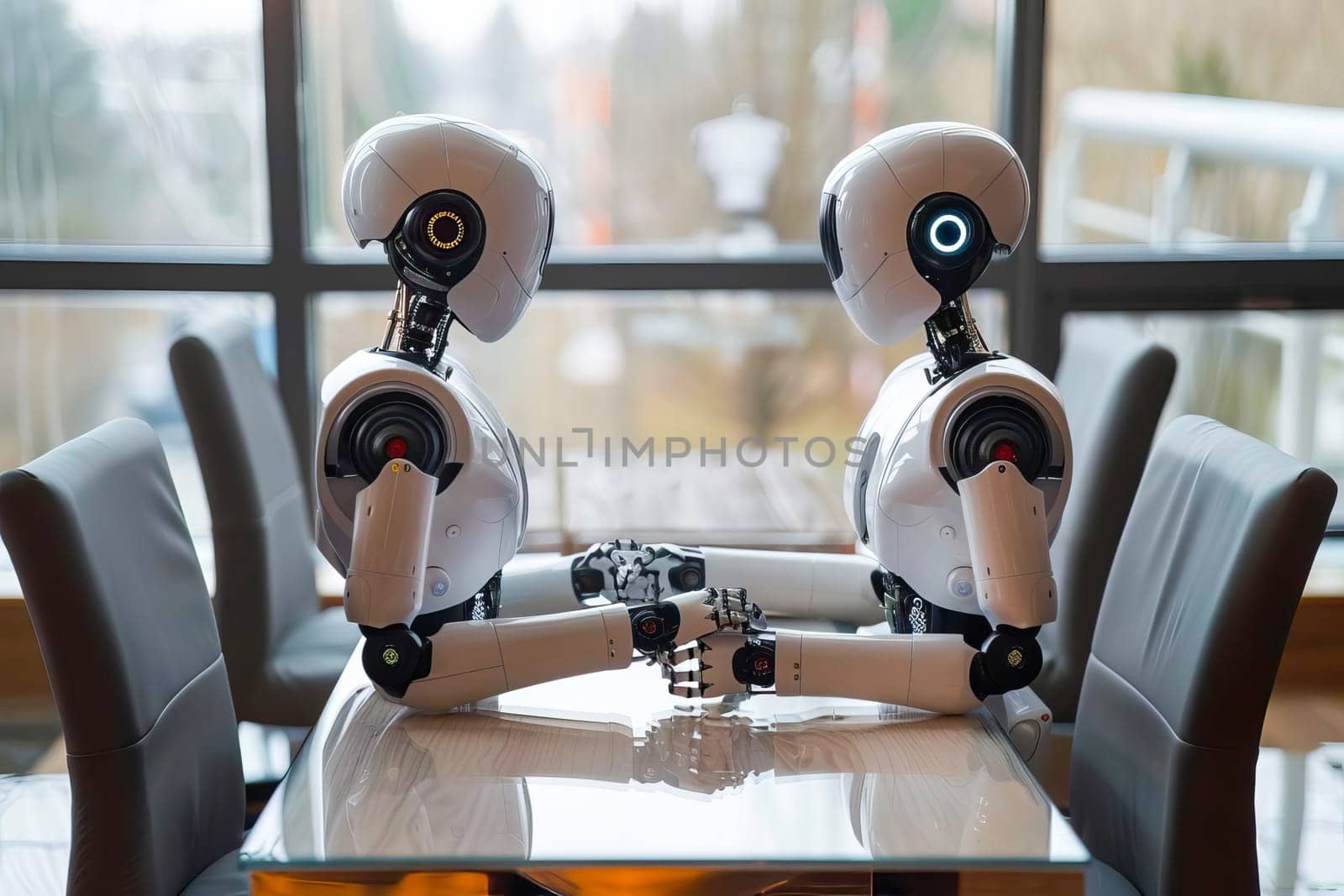 Two robotics or AI artificial intelligence entities sitting at a table, in front of a window.
