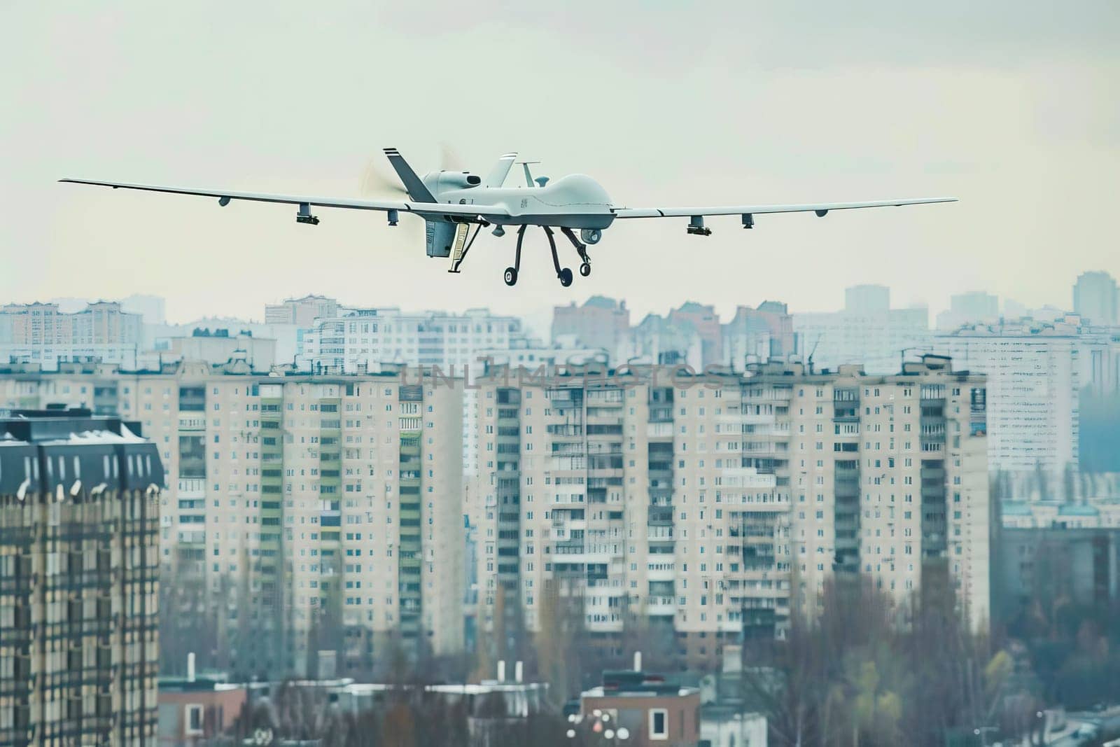 Military unmanned airplane flies over a bustling city, showing the modern intersection of air travel and urban life.