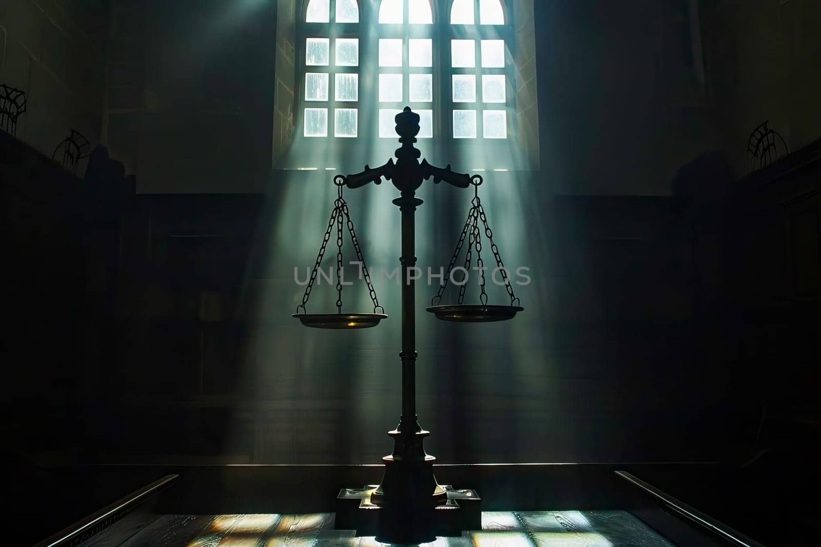 Scales of Justice placed in front of a window in a Court Hall.
