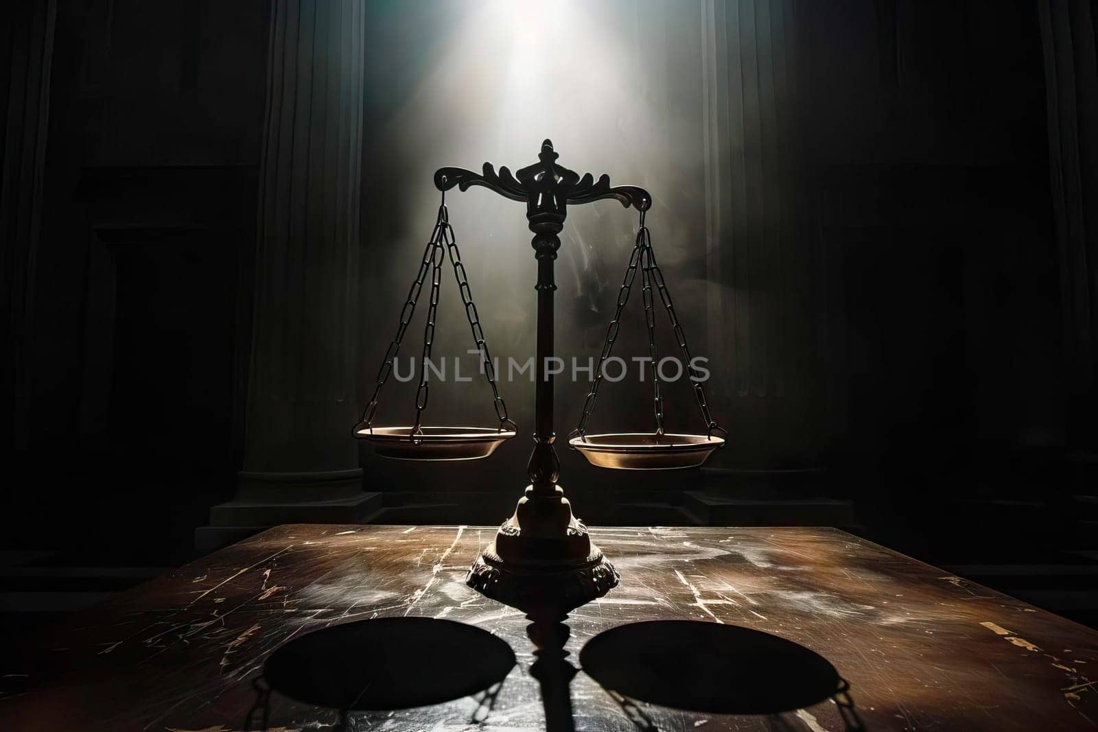 A scale of justice is positioned on top of a wooden table in a dimly lit courtroom.