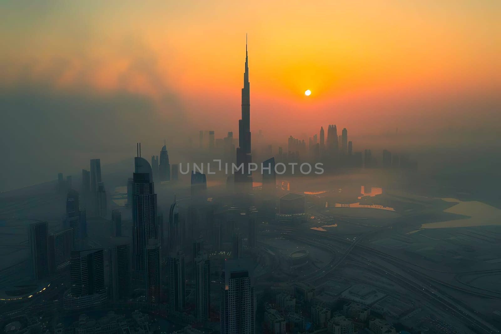 The sun is setting over a city with tall buildings, casting a warm glow over the urban landscape.
