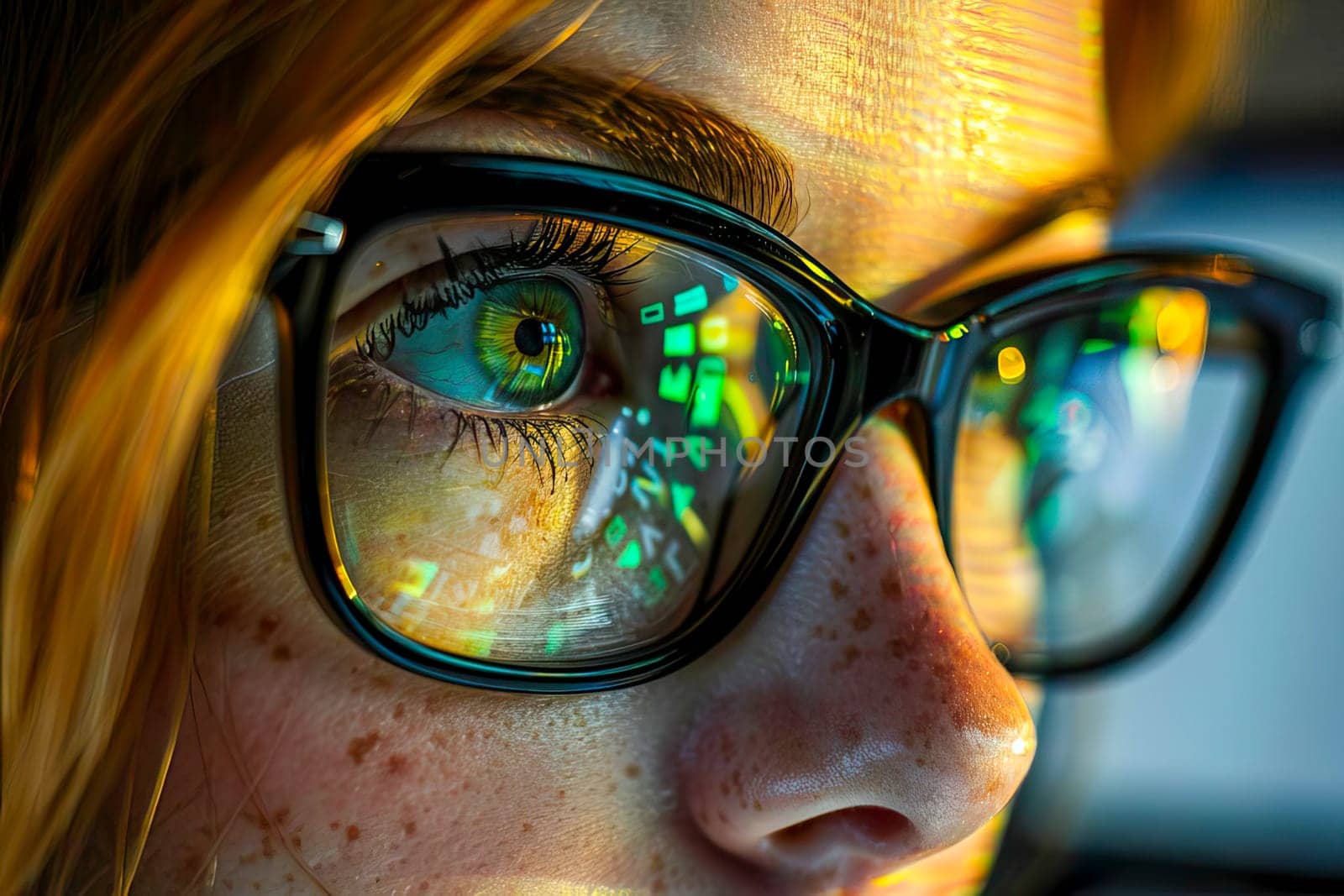 Close-up view of a persons eyes with glasses looking on computer monitor reflected in the lenses