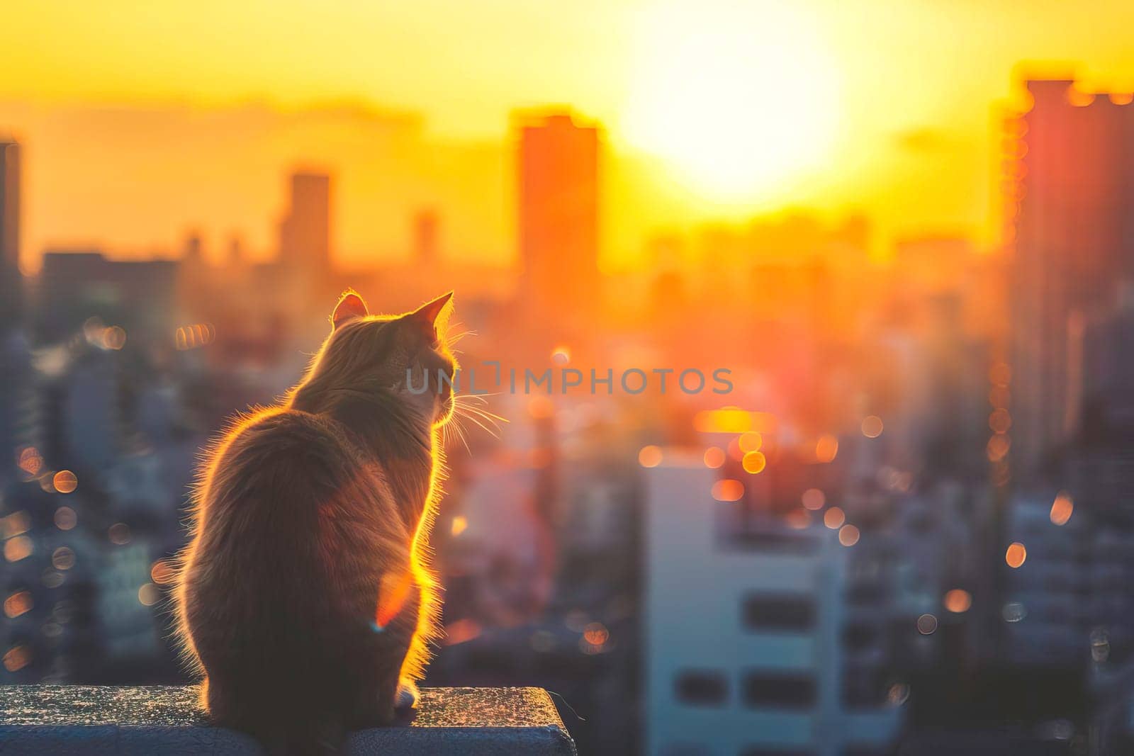 A cat perched on a ledge, observing the setting sun in the background.