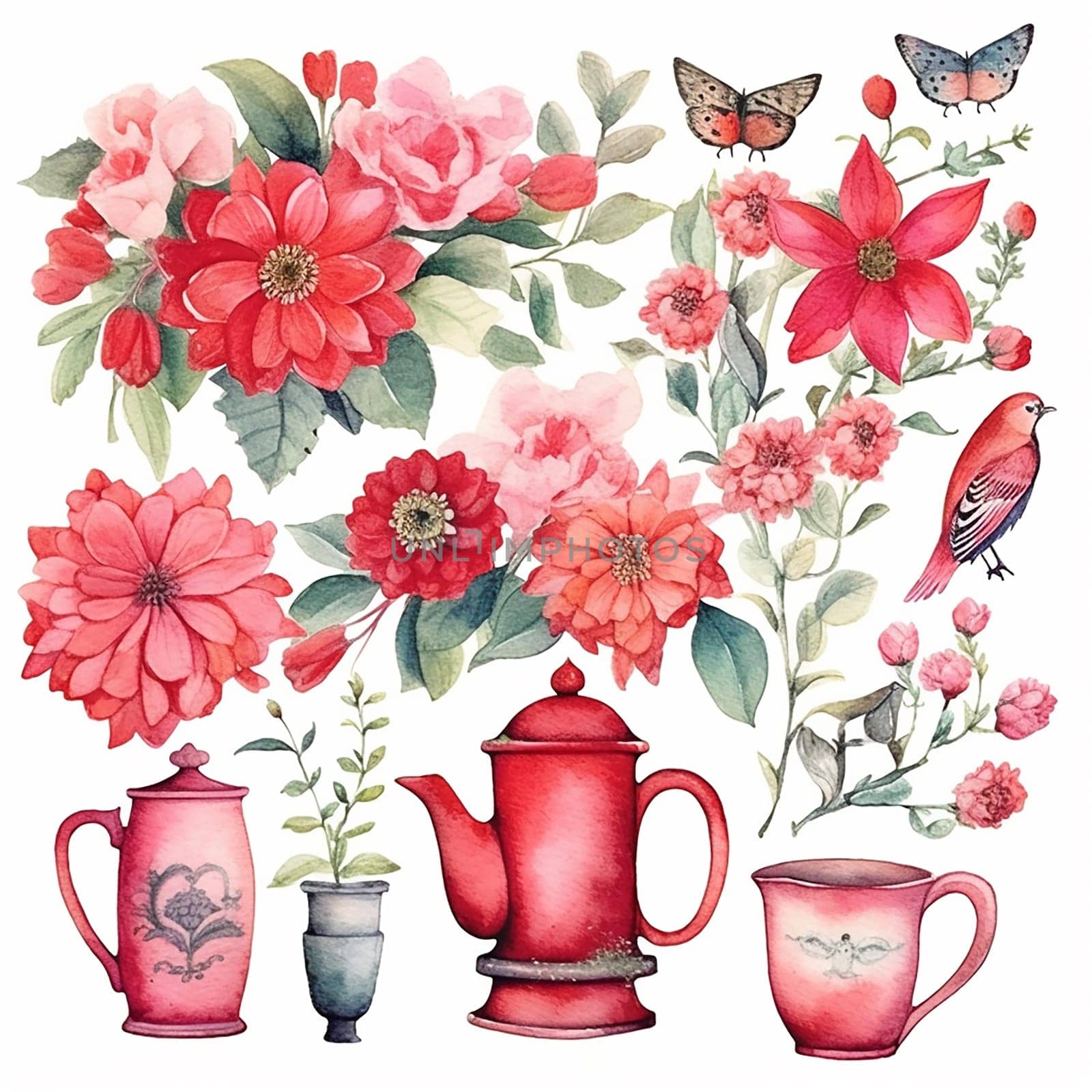 An illustration of red floral arrangement with butterflies, a bird, and a red teapot set.