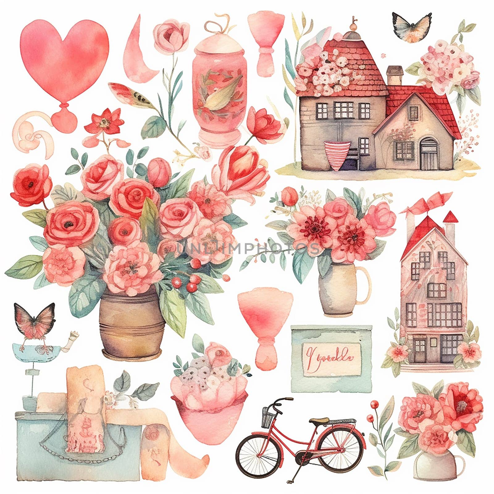 Collection of watercolor illustrations with a romantic theme.
