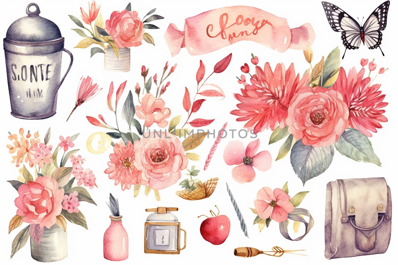 Assorted watercolor illustrations of flowers, objects, and a butterfly