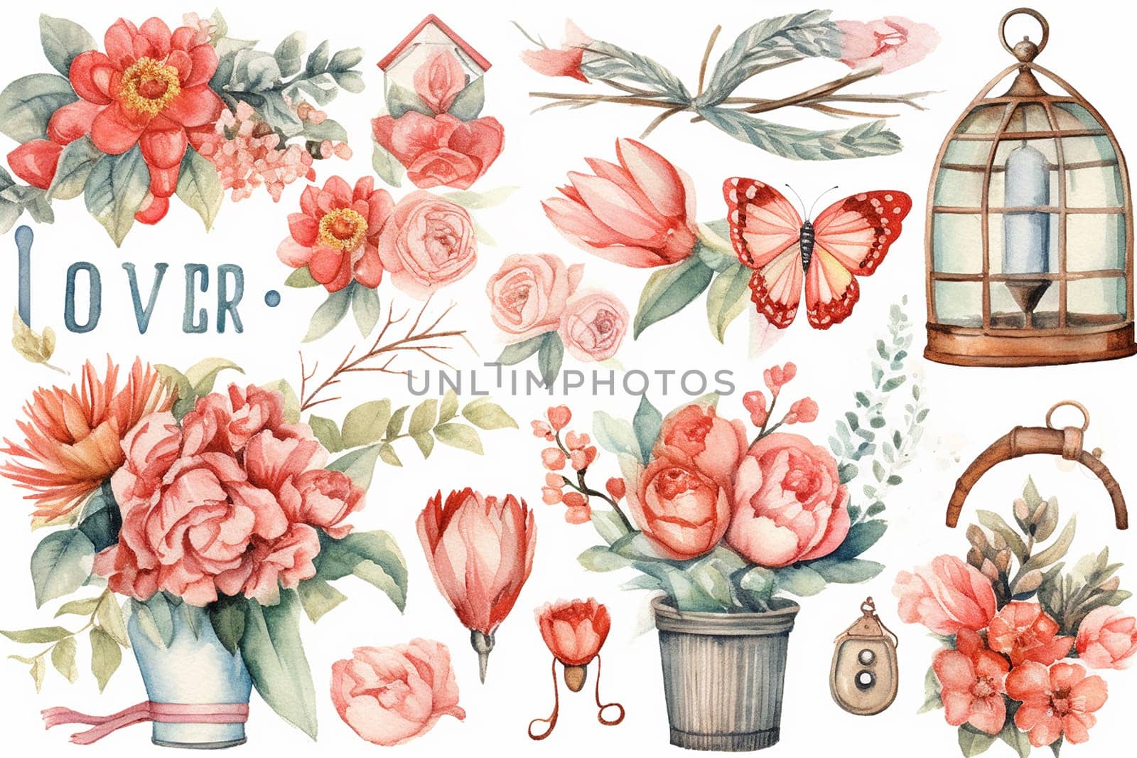 A collection of watercolor illustrations including flowers, a butterfly, and romantic-themed objects. by Hype2art