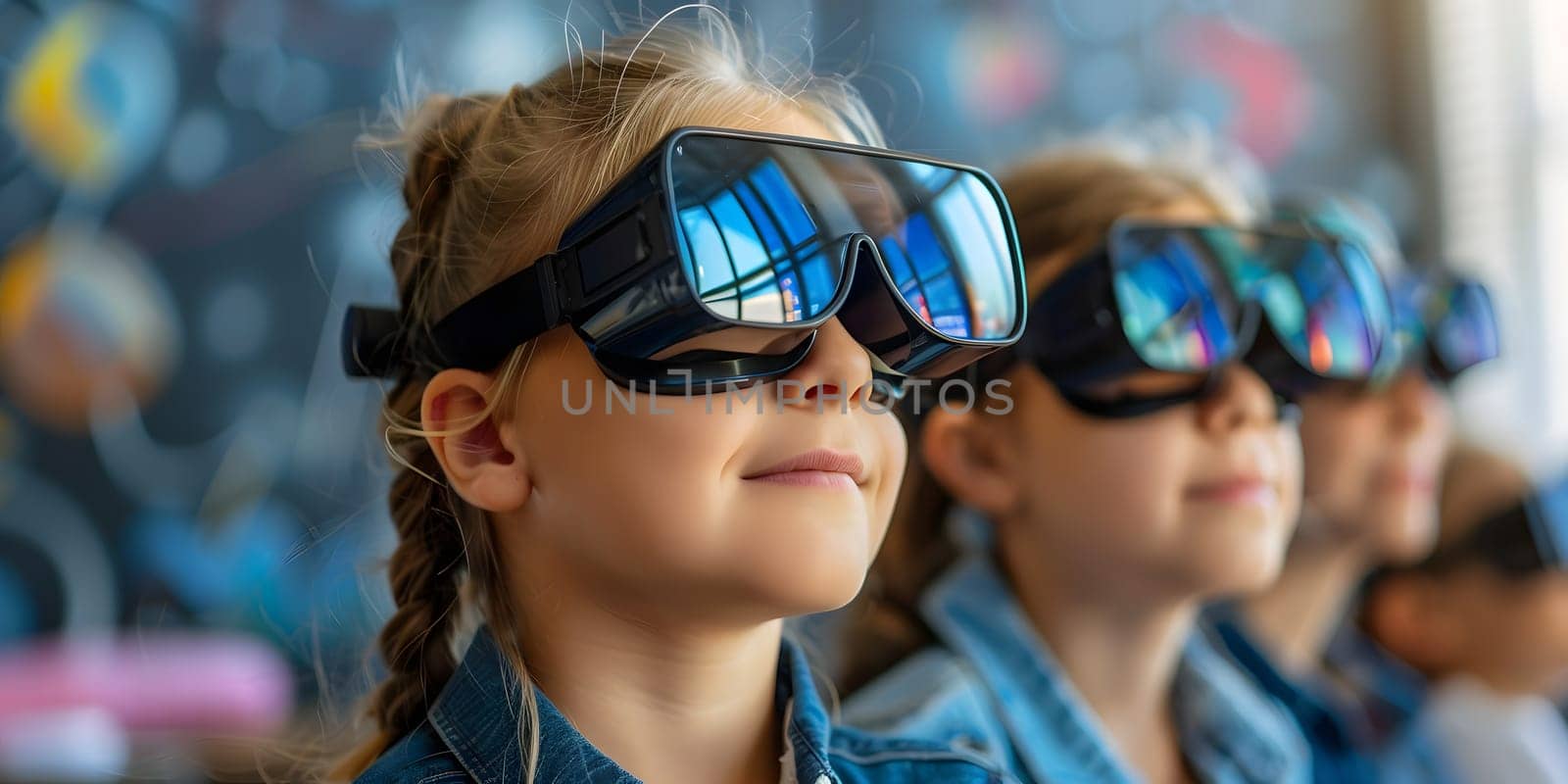 A group of young girls wearing virtual reality goggles in class with a smile on their faces, enjoying entertainment with cool eyewear and headgear