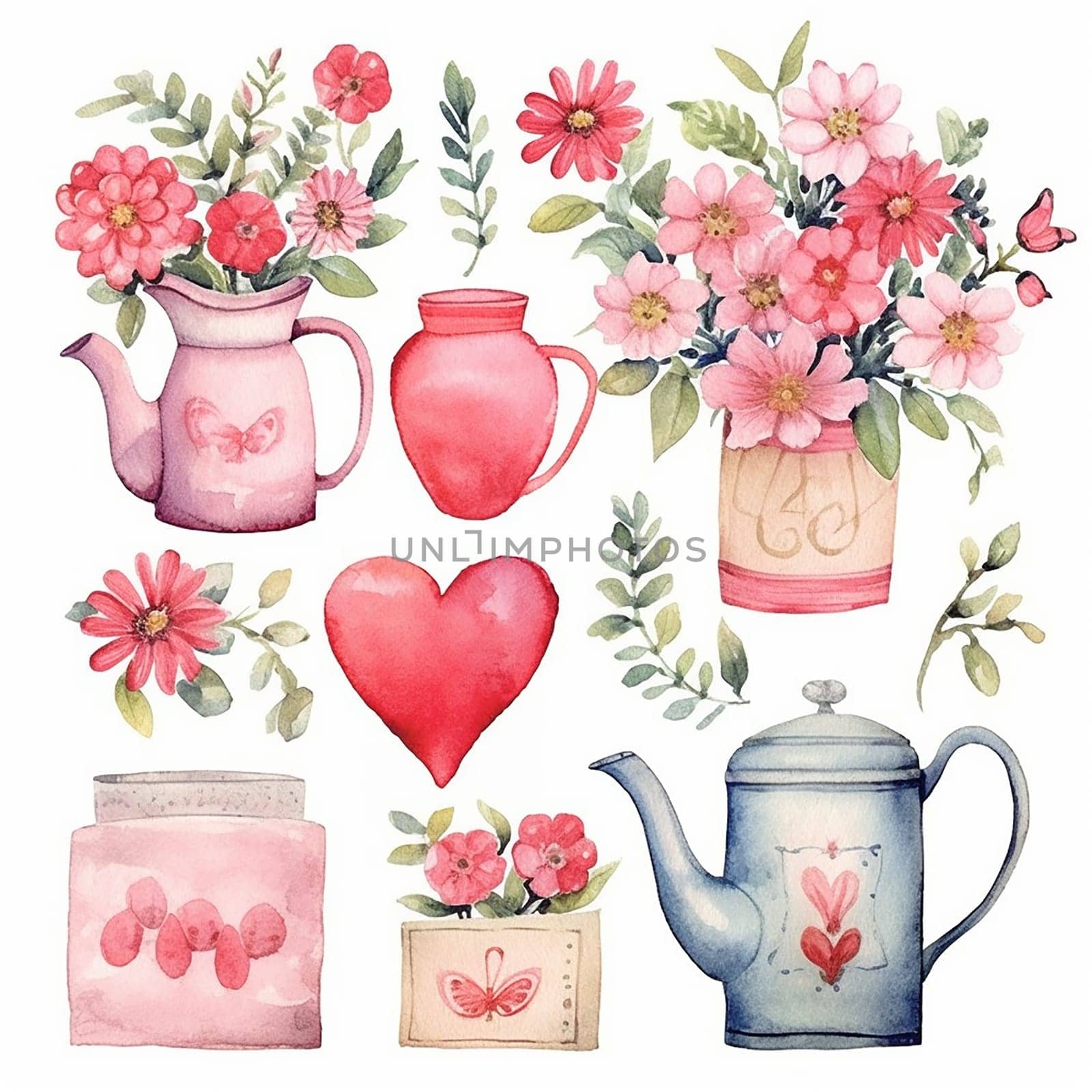 Various watercolor illustrations including floral arrangements, teapots, and a heart. by Hype2art