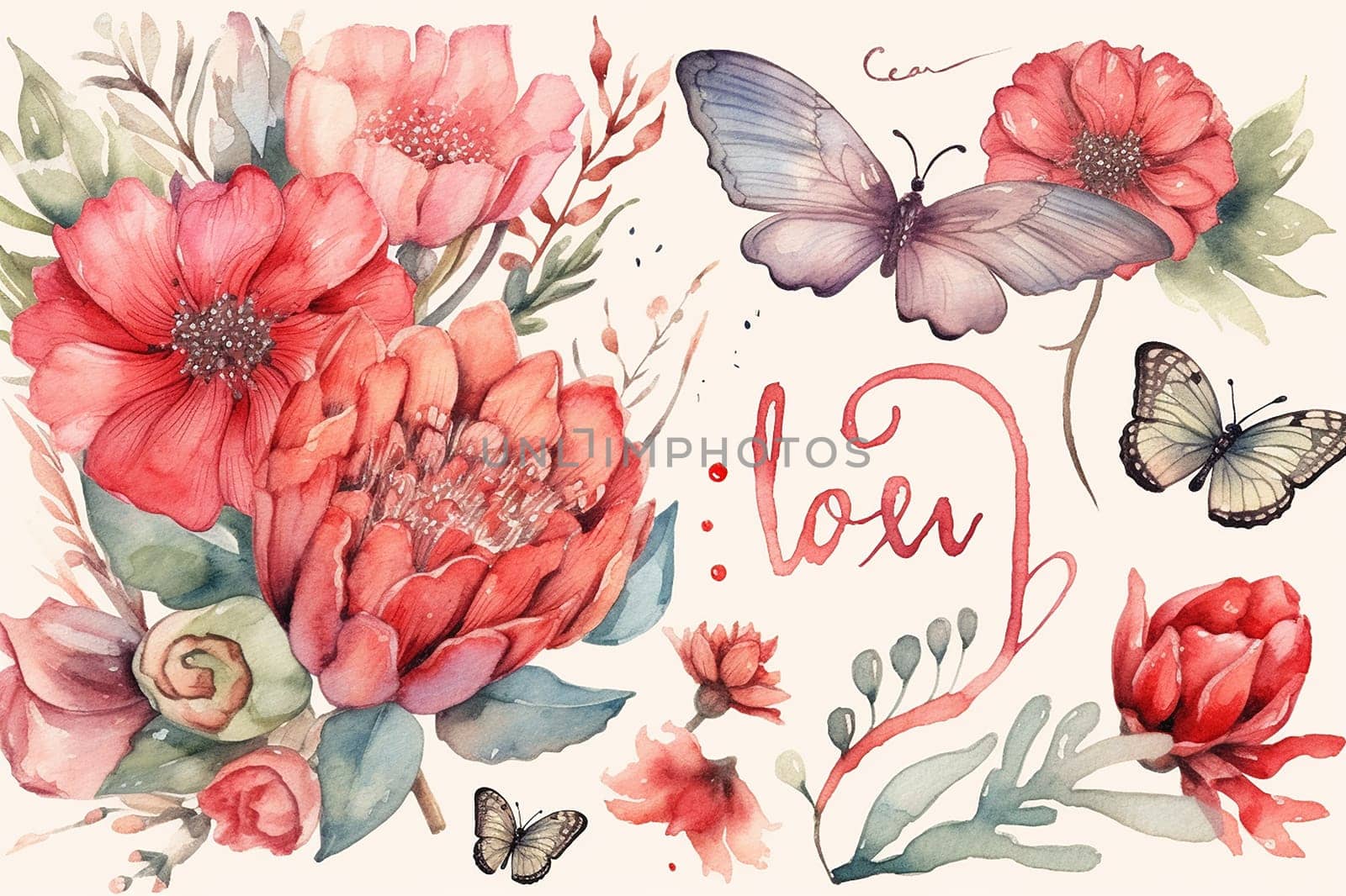 Watercolor illustration of flowers and butterflies with the word 'love'.
