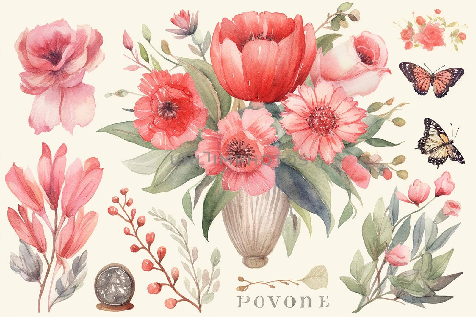 Vintage illustration of various flowers and butterflies with soft pastel colors.