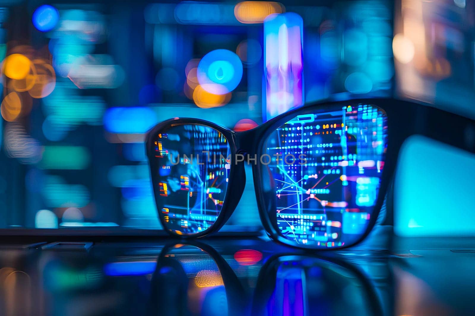 Close-up of a pair of glasses placed on top of a wooden table next to a computer monitor.