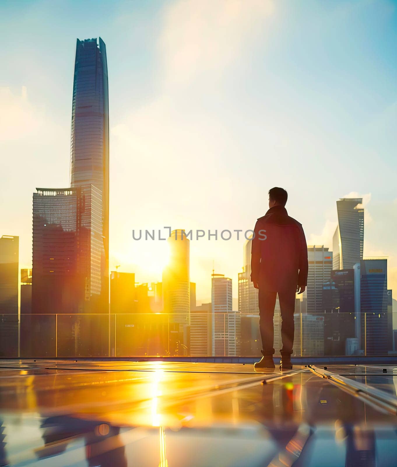A man is standing in front of a modern city skyline.