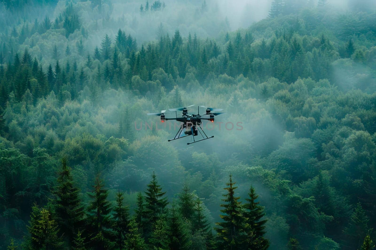 Drone flies above a dense forest of green trees.